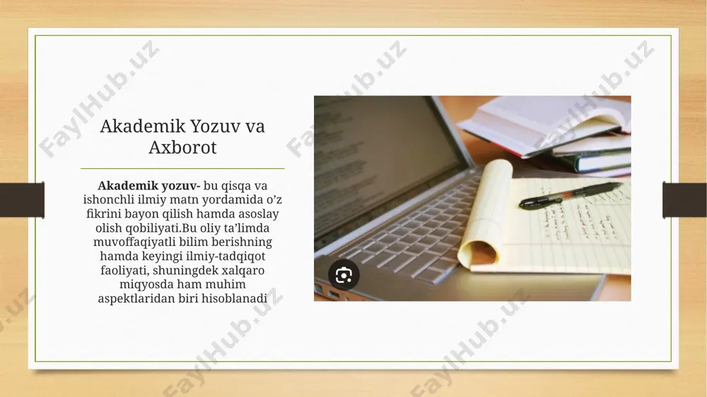 y urg’uning to’g’ri qo’yilishiga ham bog’liq. nutqda pauzani noto’g’ri qo’llash tufayli aytilayotgan fikr mazmuni o’zgarib ketadi. yuridik nutqning mantiqiy izchilligi nutqda so’zlar va gaplar o’rtasidagi ma’noviy-mazmuniy aloqalarning ifodalayotgan fikrdagi mantiqiy mohiyat va uning rivojlanib borishiga mos kelishi nutqning mantiqiyligi sanaladi.fikr, tafakkur qilish sog’lom bo’lsa, nutq ham talab darajasida bo’ladi. fikr noto’g’ri bo’lsa, nutq mantiqiy jihatdan tugal bo’lmasligi anniq.agar yurist tilning butun qoidalarini yaxshi bilsa-da, o’zi fikr yuritayotgan mavzuni yaxshi bilmas ekan, nutqning mantiqiyligi yuqori darajada bo’lmaydi. nutqning mantiqiyligiga putur yetkazuvchi lisoniy jihatlar quyidagilardan iborat: nutqda ayrim so’zlarning tushirib qoldirilishi. rus guruhini tamomlagan ba’zi yuristlarning u va o’ harflarining farqiga bormasligi:mehr kuzda bo’ladi. tutuq belgisining qo’llanish doirasini bilmaslik: jabrlanuvchining davolari o’zini oqlamadi. x va h tovushlarini yozuvda to’g’ri qo’llay olmaslik: uning xoliga voy. mantiqan bir-biriga zid , o’zaro aloqador bo’lmagan tushunchalarni ifodalovchi so’zlarni nutqda qo’llash. akademik yozuv akademik yozish-bu akademik sharoitlarda va ilmiy nashrlarda qo’llaniladigan rasmiy yozish usuli.akademik yozuv matnning boshqa …