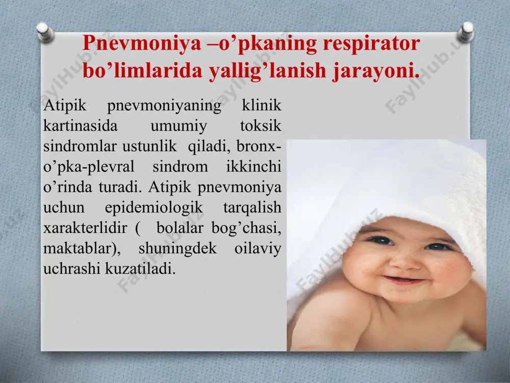 z nomonogen infiltratsiyasi. ko’pincha “bulutsimon”, “tutun”infiltratsiyasi paydo bo’ladi. diagnostika fluorestsensiyali zardobda qo’zg’atuvchi topilishiga asoslangan. serologik reaksiya. balg’amda mikoplazma topilishi. davolash. etiotrop davo: eritromitsin, linkmitsin oleandomitsin. 8yoshdan kattalarga oksitetrasiklin, vibramitsin, doksitsillin. xlamidiyali pnevmoniya. xlamidiaz- asosan chaqaloqlaar patologiyasi bo’lib, unga intranatal zararlanish xos, bola asosan ononing tug’ruq yo’li orqali zararlanadi. qozg’atuvchisi – chlamydia trachomatis, ular ikkiga bo’linadi : chlamydia psitacci va chlamydia trachomatis. ko’pincha o’pkaning o’rta va pastki qismlarini zararlaydi. alveolalarda seroz shish chaqiradi va boshqa bo’limlarga o’tadi. epidemiologiyasi. chlamydia psitacci- ornitoz pnevmoniya chaqiruvchisi, kasallik manbai qishlar (kaptar, popugay, o’rdak, tovuqlar). chlamydia trachomatis –o’tish yo’li havo-tomchi, aspiratsion yo’l hisoblanadi. klinikasi. inkubatsion davri -10 kun. intoksikatsion belgilar: lanjlik, bezgak (harorat 39°c dan ortiq), mushaklarda og’riq, va angina. 1-3 kundan so’ng : quruq yo’tal, biqinda va ko’krak qafasida og’riq. o’pka tovushining lokal to’mtoqlanishi, mayda pufakchali nam xirillashlar. keyinchalik klinikasi grippga o’xshaydi. uzoq vaqt davom etadi. diagnostikasi. balg’am mikroskopiyasi. ko’zdagi ajralmani tekshirish. rentgenogrammada : ikki …
