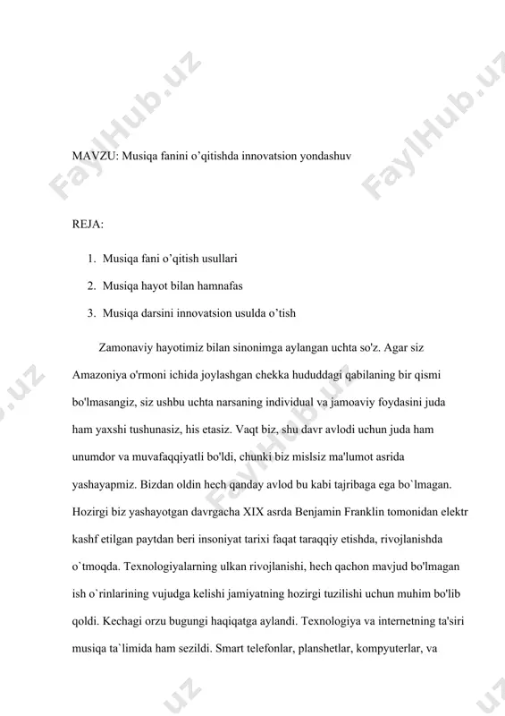 arining geografik hududlari yoki eshitib voyaga yetgan musiqiy janrlari bilan cheklanib qolmaydilar. bugun siz insoniyat tarixida qayd etilgan deyarli har qanday asardan bahramand bo'lish erkinligiga egasiz. uzoq o`tmishdan toki yaqin yillargacha ta`lim tizimida saqlanib kelgan ilm izlovchilarning passiv bilish faoliyatidan ijobiy ijodkorlik tadqiqotchiligiga o`tildi. ularning mentaliteti ham, munosabati ham o'zgardi. bunday paytlarda talabalar o'qituvchilar fikrlari bilangina ilmni bir tomonlama talqin qilmaydilar, balki o`zlari uchun noma'lum narsalarni o'zlari o'rganishlariga erkin imkoniyat yaratiladi. bu ularning idrokini va manipulyativ qobiliyatini yaxshilash uchun foydali ekanligini isbotladi, bu esa o'z navbatida ularning innovatsion iqtidori imkoniyatlarini takomillashtirishda muhim rol o'ynay boshladi. onlayn dunyo hamma joyda odamlarning musiqiy tajribalariga ta'sir ko'rsatdi. internetda mavjud bo'lgan manbalar tufayli shaxslar musiqaning barcha jihatlari to'g'risida norasmiy ravishda ilgari mumkin bo'lmagan usullar bilan yaqindan tanishishlari mumkin bo`ldi. har qanday musiqani elektron shaklda o'rganishda nisbatan cheklovlar mavjud bo`lishiga qaramay, musiqiy ta'limni chuqur tushunishni ta'minlaydigan, o'qitish va o'rganishni o`zida jam eta olgan xorijiy onlayn …