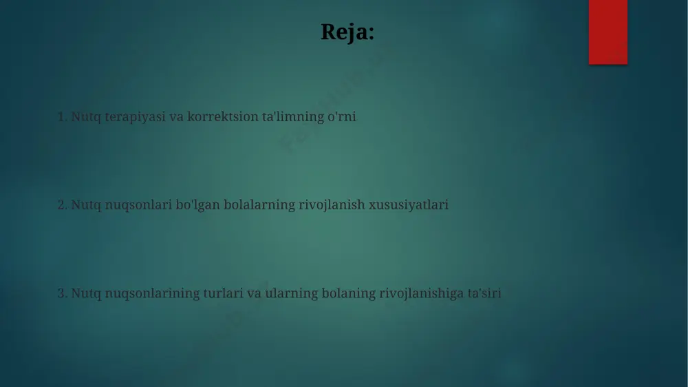 nematik eshitishning yetarli darajada rivojlanmaganligi tufayli, bola so'zlardagi 2 ta tovushni ajrata olmaydi, misol uchun, b va p ni, bu esa so'z boyligining sekin o'sishiga olib keladi. etiologiya va tasnif prenatal davrda, genetik omillar va 1-trimestrda infektsiyalar nutq nuqsonlarining 30% gacha sabab bo'lishi mumkin, bu embriogenezga ta'sir etadi. etiologiya va tasnif korrektsiyalash va rivojlantirish yo'llari nutq terapiyasi mashqlari 3-5 yoshli bolalar uchun tovushlarni to'g'ri talaffuz qilishga, so'z boyligini 1000 dan ortiq so'zga yetkazishga va grammatik tuzilmalarni shakllantirishga yordam beradi. individual ta'lim dasturlari 4-8 yoshdagi bolalarga 20 dan ortiq har xil usullarni qo'llagan holda, nutqning fonetik-fonematik buzilishlarini tuzatish va umumiy rivojlanishni ta'minlashga qaratilgan. til rivojlanishining buzilishi bolalarda nutq rivojlanishining buzilishi ko'pincha 3-5 yoshda aniqlanadi. buzilishlar artikulyatsiya, fonetik, leksik va grammatik jihatlardan namoyon bo'lishi mumkin, nutqning 4 ta asosiy komponentiga ta'sir qiladi. nutq rivojlanishidagi nuqsonlar, masalan, дизартрия yoki ринолалия kabi buzilishlar 10-15% hollarda fonetik-fonematik rivojlanishning yetishmovchiligi (ffr) bilan bog'liq bo'ladi. bu xatolar …