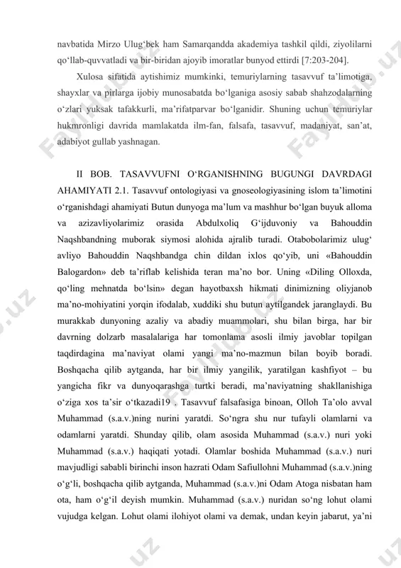ayx mahmud tarobiy harakatini insonparvarlik, xalq manfaatlari himoyachisi sifatida yoritib shayxning qudratini, xalqni ergashtira olish kuchini e’tirof etgan bo‘lsa, qo‘rqoq va layoqatsiz, subutsiz amirlarni qoralagan [8:299-300]. shohrux mirzo bilan mirzo ulug‘bekning eng buyuk xizmati ularning asrlar osha mashhur bo‘lib “temuriylar davri uyg‘onish madaniyati” deb nom olgan madaniyatga asos solgani bo‘ldi. uning ta’siri va turtkisi o‘laroq markaziy osiyoda yangidan yangi madaniyat o‘choqlari paydo bo‘ldi va rivojlana bordi. o‘z navbatida mirzo ulug‘bek ham samarqandda akademiya tashkil qildi, ziyolilarni qo‘llab-quvvatladi va bir-biridan ajoyib imoratlar bunyod ettirdi [7:203-204]. xulosa sifatida aytishimiz mumkinki, temuriylarning tasavvuf ta’limotiga, shayxlar va pirlarga ijobiy munosabatda bo‘lganiga asosiy sabab shahzodalarning o‘zlari yuksak tafakkurli, ma’rifatparvar bo‘lganidir. shuning uchun temuriylar hukmronligi davrida mamlakatda ilm-fan, falsafa, tasavvuf, madaniyat, san’at, adabiyot gullab yashnagan. ii bob. tasavvufni o‘rganishning bugungi davrdagi ahamiyati 2.1. tasavvuf ontologiyasi va gnoseologiyasining islom ta’limotini o‘rganishdagi ahamiyati butun dunyoga ma’lum va mashhur bo‘lgan buyuk alloma va azizavliyolarimiz orasida abdulxoliq g‘ijduvoniy va bahouddin …