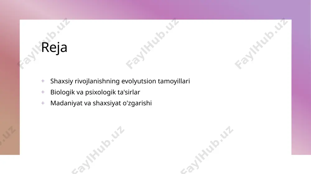 rni rivojlantirish imkonini beradi. 3 psixologik nazariyalar shaxsiyatni shakllantirishda freyd, erikson va maslow kabi psixologlarning nazariyalari muhim rol o'ynaydi. ular shaxsiyatning rivojlanishining turli bosqichlarini ta'riflaydilar. madaniyat va shaxsiy evolyutsiya: mahalliy an'analar va global ta'sirlar. 1 mahalliy an'analar o'zbekiston madaniyatida mahalliy an'analar shaxsiyat rivojlanishida muhim rol o'ynaydi, chunki ular shaxsiy qiyofani va ijtimoiy qabulni belgilaydi. 2 global ta'sirlar globalizatsiya davrida turli madaniyatlar o'rtasidagi aloqalar shaxsiyatni shakllantirishda yangi tendentsiyalarni yuzaga keltiradi, bu esa global ta'sirlarni keltirib chiqaradi. 3 o'zaro aloqalar mahalliy va global madaniyatlar o'rtasidagi o'zaro aloqalar shaxsiyat rivojlanishida tasirchan omil bo'lib, yangi identifikatsiyalar va o'zgarishlarga olib keladi. shaxsiyat rivojlanishida biologik jarayonlarning roli. genetika roli genetika shaxsiyatning asosiy biologik asosidir. oila a'zolaridan meros bo'lib olingan genlar, shaxsning xususiyatlarini belgilaydi va rivojlantiradi. neyrobiologik ta'sir neyrobiologiya shaxsiyatning biologik jihatlarini o'rganadi. miya tuzilishi va funksiyalari, shaxsning hissiyotlari va xulq-atvoriga ta'sir ko'rsatadi. biologik jarayonlar biologik jarayonlar, masalan, gormonal o'zgarishlar, shaxsiyatni o'zgartirishda muhim rol o'ynaydi. bu jarayonlar …