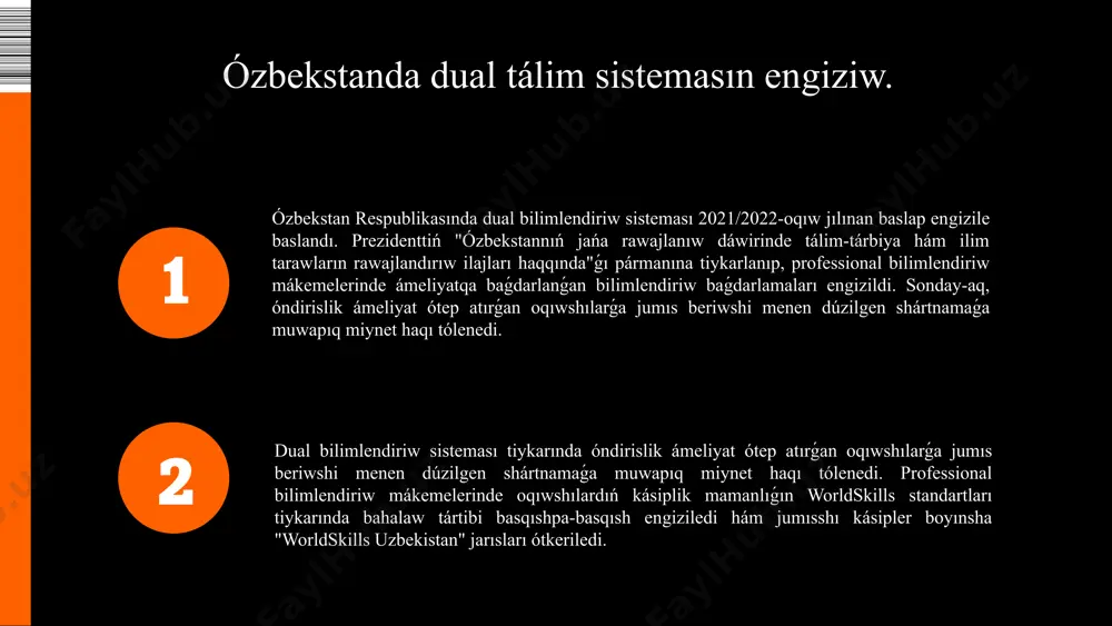 rotexnologiyalar texnikumı hám ózbekstandaǵı iri avtomobil islep shıǵarıwshı kárxana esaplanǵan "uzavto motors" akcionerlik jámieti arasında dual bilimlendiriw túrinde orta buwın kadrların tayarlaw boyınsha birge islesiw ornatılǵan. bul birge islesiw nátiyjesinde búgingi kúnde "weldlew texnologiyası hám úskeneleri," "avtomobillerdi jıynaw hám sınaw," "mashinasazlıq texnologiyası" hám "avtomobil transportına texnikalıq xızmet kórsetiw hám ońlaw" qánigelikleri boyınsha 500 den aslam oqıwshılar dual tálim formasında oqıtılmaqta. ótken jıllar dawamında ózbekstanda professional bilimlendiriw sistemasın rawajlandırıw boyınsha evropa awqamı, germaniya xalıqaralıq birge islesiw jámieti (giz), yunesko hám shveycariyanıń ózbekstandaǵı elshixanası sıyaqlı sırt elli sherikler menen salmaqlı jumıslar ámelge asırıldı. sonıń ishinde, awıl xojalıǵı baǵdarında kadrlar tayarlaytuǵın 2 texnikumǵa ulıwma bahası 700,0 mıń dollar bolǵan 4 traktor, 42 tiyisli texnikalıq úskeneler hám 72 kompyuter texnikası jáne 2 awıl xojalıǵı ónimlerin saqlaw ushın muzlatqıshlar satıp alındı. sonday-aq, germaniya xalıqaralıq birge islesiw jámieti (giz) tárepinen tańlanǵan 15 pilot bilimlendiriw mákemeleri jeńil sanaat baǵdarı boyınsha tigiw mashinaları toplamları (21 tigiw mashinası, 6 …