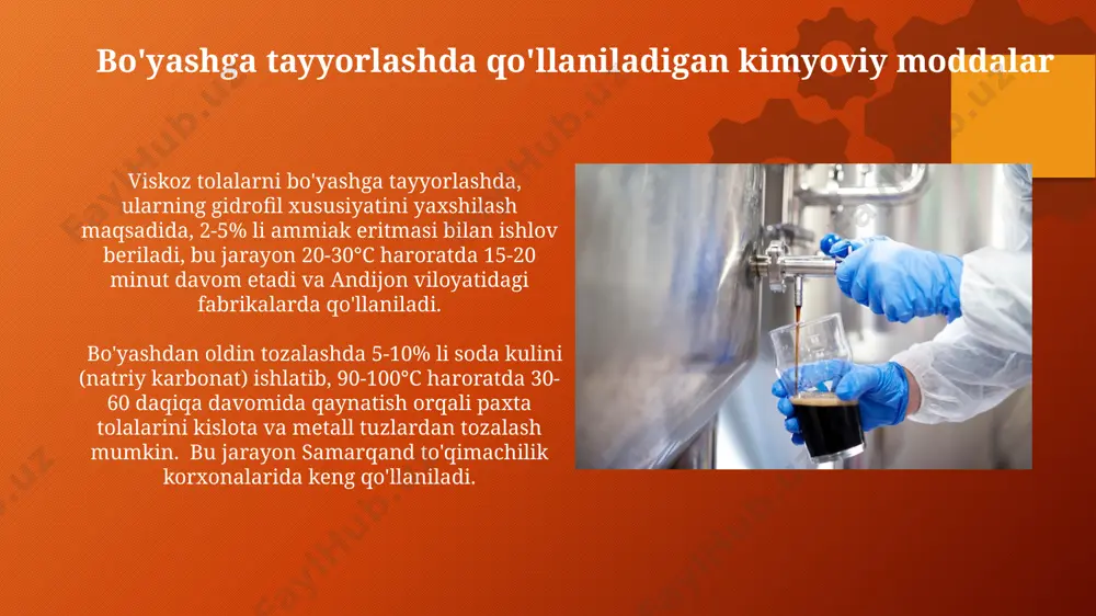 keltirilgan paxta tolasi mahsulotlarini bo'yashdan oldin, ularning ph darajasi 6-7 oralig'ida ekanligiga ishonch hosil qilish kerak, aks holda 3-5% li sirka kislotasi eritmasi bilan neytrallashtirish zarur bo'ladi. toshkent shahridagi zavodlarda poliester tolalarini bo'yashga tayyorlash jarayoni, tozalash va sirtni faollashtirish uchun 120-150°c haroratda 60 daqiqaga yaqin davom etadi, bu esa bo'yoqning tolalarga yaxshiroq yopishishini ta'minlaydi. e'tiboringiz uchun rahmat @taqdimot_robot image2.png image3.svg image5.png image8.jpg image9.jpg image10.jpg image11.jpg image12.jpg image13.jpg image14.jpg image15.jpg image16.jpg image1.png