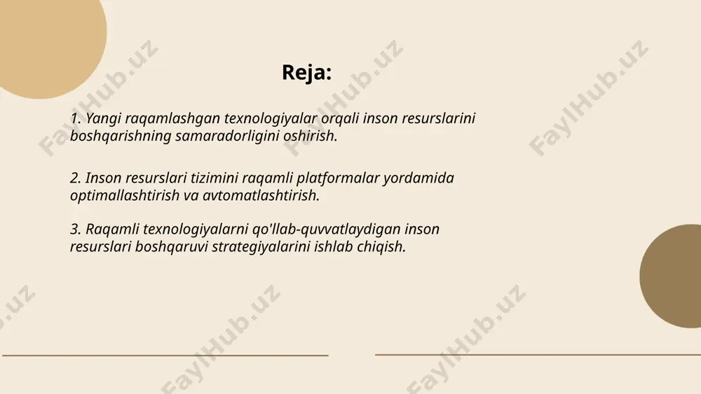 shda ham katta ahamiyatga ega. masalan, sun'iy intellekt yordamida rekruting jarayonida eng mos nomzodlarni tanlash uchun ko'plab omillarni tahlil qilish mumkin. xodimlarning ish faoliyatini tahlil qilish va ularni rivojlantirish uchun analitik vositalar qo'llanilmoqda. bu esa xodimlarning malakasini oshirish va tashkilotga kerakli bo'lgan kompetensiyalarni shakllantirishda yordam beradi. ... t.me/slaydai_bot raqamli texnologiyalar shuningdek, xodimlarning rivojlanishiga yordam beradigan ta'lim va o'qitish tizimlarini ham taklif etadi. onlayn o'quv platformalari orqali xodimlar yangi ko'nikmalarni o'rganishlari mumkin. bu esa ularning ishga bo'lgan qiziqishini oshiradi va tashkilotga qo'shimcha qiymat yaratish imkoniyatini beradi. shuningdek, raqamli texnologiyalar yordamida xodimlar va rahbarlar o'rtasidagi kommunikatsiyani yaxshilash mumkin. zamonaviy platformalar va ilovalar yordamida fikr almashish, muammolarni muhokama qilish va birgalikda qarorlar qabul qilish jarayonlari soddalashadi. bu esa tashkilotda ishning sifatini va samaradorligini oshiradi. ... t.me/slaydai_bot 2. inson resurslari tizimini raqamli platformalar yordamida optimallashtirish va avtomatlashtirish. inson resurslari tizimini raqamli platformalar yordamida optimallashtirish va avtomatlashtirish bugungi kunda ko'plab tashkilotlar uchun zaruriyatga aylanmoqda. bu …