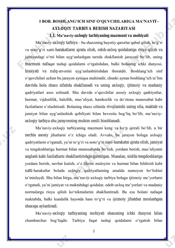 etish va to‘g‘ri qarorlar qabul qilish imkonini beradi. masalan, sinfda yuzaga kelgan bahs-munozarada o‘quvchi muloyim va hurmatli tarzda fikr bildirishi, kelishuvga erishish uchun muloqot qilishni o‘rganadi. shu tariqa, nafaqat nazariy bilim, balki hayotiy ko‘nikmalar ham shakllanadi. boshlang‘ich sinfda ma’naviy-axloqiy tarbiya dars va darsdan tashqari faoliyat orqali amalga oshiriladi. pedagoglar interaktiv metodlar, o‘yinlar, rolli vaziyatlar, hikoyalar, guruh ishlari va boshqa faoliyatlar orqali bolalarga axloqiy qadriyatlarni o‘rgatadi. masalan, “o‘rnak bo‘lish” yoki “do‘stlik hikoyalari” kabi o‘yinlar orqali bolalar axloqiy vaziyatlarni amalda yechadi, tengdoshlariga yordam berishni, adolat va halollikni qadrlashni o‘rganadi. shu tarzda bolalar ma’naviy- axloqiy ko‘nikmalarni hayotiy vaziyatlarda qo‘llashni o‘rganadi, bu esa ularning shaxs sifatida to‘laqonli rivojlanishiga xizmat qiladi. ma’naviy-axloqiy tarbiya boshlang‘ich sinf o‘quvchilarini shaxs sifatida rivojlantirish, axloqiy fazilatlarni shakllantirish, ijtimoiy va madaniy me’yorlarni o‘zlashtirish va jamiyat bilan uyg‘unlashgan tarzda yashash ko‘nikmalarini egallash imkonini beradi. bu esa o‘quvchilarning kelajakdagi shaxsiy va ijtimoiy muvaffaqiyati uchun mustahkam asos yaratadi hamda pedagoglar uchun samarali metodik yondashuvlarni …