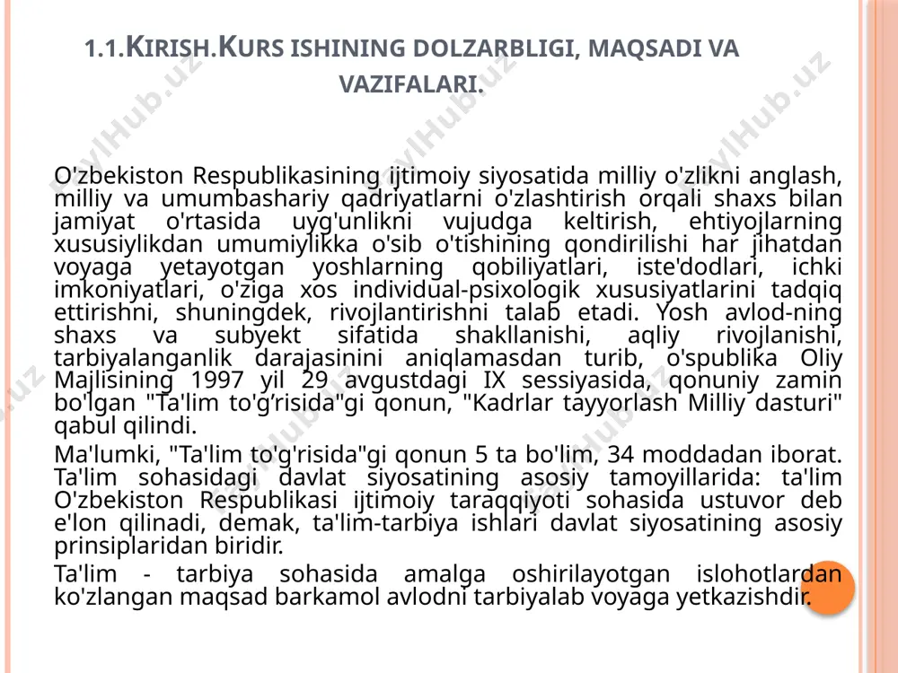 'lim-tarbiya ishlari davlat siyosatining asosiy prinsiplaridan biridir. ta'lim - tarbiya sohasida amalga oshirilayotgan islohotlardan ko'zlangan maqsad barkamol avlodni tarbiyalab voyaga yetkazishdir. "eng avvalo, bizning ta'lim tizimiga bo'lgan munosabatimizni ham tubdan o'zgartirish kerak.ta'lim islohoti bizni demokratik o'zgarishlar, yangi jamiyat barpo etish yo'lidan dadil yetaklovchi, barchamizni harakatlantiruvchi ichki kuch bo'lmog'i zarur.har birimizga besh barmoqdek, eskicha aytganda, to'qqiz puldek ayon bo'lsinkim, ta'lim-tarbiya tizimini o'zgartirmasdan turib, odamlar ongini, demakki, ularning turmush tarzini ham o'zgartirish mumkin emas". yurtboshimiz ta'lim-tarbiya islohotining zarurligi va muhimligi haqida o'zining qator nutqlarida to'xtalib o'tganlar. 1997 yil 29-avgustdagi o'zbekiston respublikasi oliy majli sining ix sessiyasida yurtboshimiz so'zlagan nutqlarida shu vaqtgacha amalga oshirilgan tadbirlar talabga javob bermayotganligini, eski sho'rolar zamonidan qolgan ta'lim-tarbiya tizimiga xos mafkuraviy qarashlardan va sarqitlardan to'liq qutila olmaganligimiz, ikkinchidan, o'zgarishlar yuzaki bo'lib, ta'lim-tarbiya va o'quv jarayonlarining tarkibini, bosqislarini bir-biri bilan uzviy bog'lash, ya'ni uzluksiz ta'lim-tarbiya tizimini tashkil qilish muammolarini yechib bermaganligi, uchinchidan, bizning amaldagi ta'lim-tarbiya tizimimiz bugungi zamonaviy, taraqqiy …