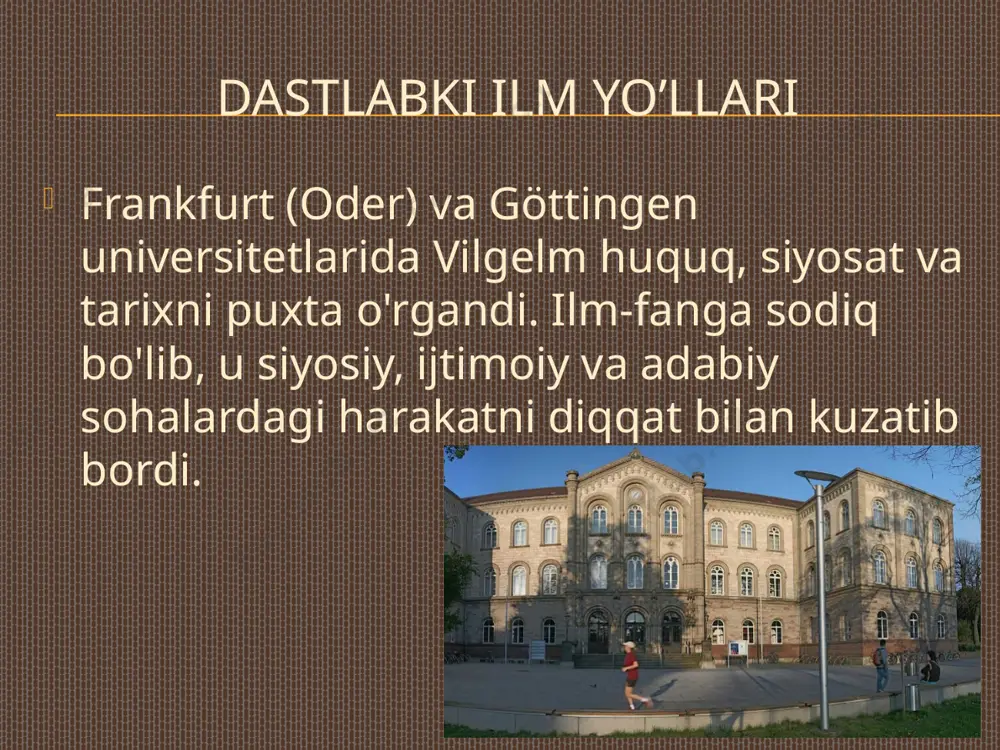 b hisoblardi. bunday ta'lim to'liq aqliy tayyorgarlikni - shaxsni tayyorlashni o'z ichiga olishi kerak. u ta'lim uchun pul to'lay olmaydiganlar uchun davlat mablag 'ajratishni taklif qildi. merosi vilgelm fon gumboldtning umumta'lim boshlang'ich ta'limi va maktablarni uch bosqichga - boshlang'ich maktab, o'rta maktab va universitetlarga bo'lish haqidagi g'oyalari xx asrga qadar qabul qilinmadi. uning universitet modeli uning berlin universitetida mujassamlashgan ta'lim va tadqiqotning birligi bilan ajralib turadi. prussiya ta'lim vaziri sifatida fon gumboldt texnik xochshulen (texnik litseylar) va gimnaziyalar tizimini nazorat qilib, prussiyani, keyinchalik germaniya imperiyasini evropaning eng kuchli davlati va dunyoning ilmiy va intellektual etakchisiga aylantirdi. vilgelm von gumboldt insoniyat tilini faqat ma'nolar bilan bog'langan so'zlar va iboralar to'plami emas, balki qoidalar bilan boshqariladigan tizim sifatida aniqlagan birinchi evropalik tilshunos sifatida tanilgan. bu fikr noam xomskiyning tilni o'zgartiruvchi nazariyasining asoslaridan biridir. xomskiy tez -tez fon gumboldtning tilni "cheksiz vositalardan cheksiz foydalanadigan" tizim sifatida ta'rifini keltiradi, ya'ni cheksiz ko'p grammatik qoidalar …