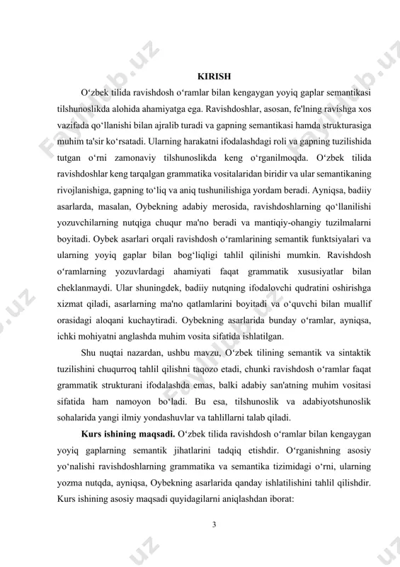 atlarini chuqurroq tushunish, shuningdek, adabiyotshunoslikda ravishdoshlarning ahamiyatini o‘rganishga qaratilgan ilmiy ish sifatida ko‘riladi. kurs ishining o‘rganilganlik darajasi. oʻzbek tilidagi ravishdosh oʻramlar va yoyiq gaplar semantikasi bo‘yicha tadqiqotlar tilshunoslik sohasida sezilarli yutuqlarga erishgan. ushbu mavzu bo‘yicha ilmiy ishlar 20-asrning o‘rtalaridan boshlab tizimli ravishda amalga oshirilgan. bu tadqiqotlar nafaqat oʻzbek tilining struktura va semantik jihatlarini o‘rganish, balki tilning badiiy adabiyotdagi qo‘llanilishini chuqurroq anglashga yordam beradi. 1. 20-asrning 60-70-yillari: oʻzbek tilshunosligida ravishdosh oʻramlar va yoyiq gaplarning semantikasi bo‘yicha dastlabki tadqiqotlar boshlang‘ich bosqichni tashkil etgan. shu davrda a.t. bunyatov va m. davronov kabi olimlar tomonidan oʻzbek tilidagi sintaktik tuzilma va semantik kategoriyalarni aniqlashga qaratilgan ishlanmalar ishlab chiqildi. ularning izlanishlari asosida ravishdoshlarning grammatik xususiyatlari va gap tarkibidagi roli haqida bir qator tahlillar olib borilgan. 2. 1980-1990-yillar: ravishdoshlarning yozma va og‘zaki nutqdagi o‘rni, shuningdek, badiiy asarlarda ravishdosh oʻramlarining semantik imkoniyatlari kengroq o‘rganila boshlandi. ayniqsa, t. asqarov va z. nizomov kabi tilshunoslar o‘zbek tilidagi yoyiq gaplar va …