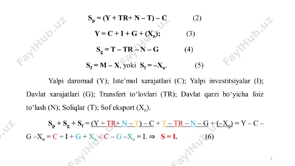 an 1-jadval ma’lumotlariga ko‘ra ixtiyordagi daromad 410 sh.b.dan 430 sh.b.kacha oshgan holatda mpcni hisoblaymiz. δc =420 - 405 =15; yd =430 - 410 = 20; mpc = (15/20) 100=75%; bu shuni bildiradiki, daromad 100 % ga (yoki bir birlikka) o‘zgarganda iste’mol 75 % (yoki 0,75)ga o‘zgaradi. ** n. gregory mankiw. macroeconomics. 8 th edition. harvard university. (ny.: worth publishers, 2013): 65 21 jamg‘arishdagi o‘zgarishning ixtiyordagi daromad o‘zgarishdagi ulushi jamg‘arishga chegaralangan moyillik deyiladi. mps = ; bu yerda: mps (marginal propensity to saving) – jamg‘arishga o‘rtacha moyillik. yuqorida keltirilgan misolda: δyd=430-410=20 δs=10-5=5 mps = (5/20) 100% = 25%; shunday qilib, iste’molga chegaralangan moyillik 0,75 ni tashkil etgan bo‘lsa, jamg‘armaga chegaralangan moyillik 0,25 ni tashkil etadi. daromadning o‘sgan qismi yoki iste’molga, yoki jamg‘armaga sarflanadi. shu sababga ko‘ra iste’mol va jamg‘arishga o‘rtacha moyillik ko‘rsatkichlari yig‘indisi 100% ga yoki koeffitsient ko‘rinishida 1 ga teng bo‘ladi. mpc + mps =100% yoki 1. mpc va mps …