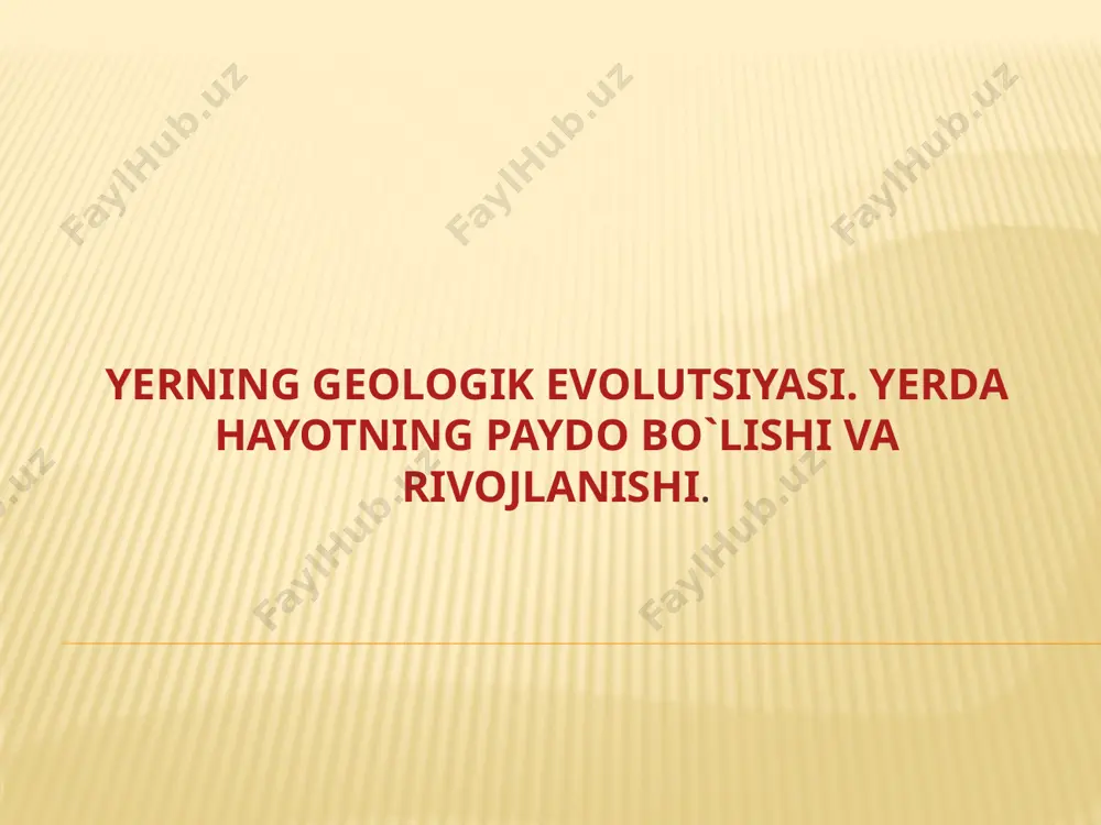 roid tushganu,oy orbitasiga chiqarib tashlangan moddadan yangi yer yo’ldashi hosil bo’lganoy va yerning o’zaro gravitatsion aloqadorligi natijasida oyning o’z o’qi atrofida aylanishi tezlashgan.buning hisobiga oy yerdan uzoqlasha boshlagan.bu jarayon natijasida yerdagi kecha va kunduzning davomiyligi o’zgargan.4.5mlrd yil oldin yer o’z o’qi atrofida-2 soatda,proterazoyda-17soatda,devonda-22soatda aylangan.hozir esa bu ko’rsatkich-24soat.shuni ham ta’kidlash kerakki,quyosh tizimidagi sayyoralarning barchasi hozirgi vaqtda qatlamlashgan holatda uchraydi.m:yerda yadro,mantiya,yer qobig’i ajratiladi. boshqa sayyoralar ham shunga o’xshash qavatlar yoki qatlamlardan iborat. yerning geologik evolyutsiyasi: hozirgi zamon geologik usullar faqat yerning ustki qismini bevosita o’rganish imkoniyatini beradi.bu usullar qatoriga shuqur burg’ular va shaxtalar o’tishi ham kiradi.kola yarim orolidagi eng chuqur burg’i 12610m ga yetib borgan.janubiy afrika va hindistondagi eng chuqur shaxtalar 4km chuqurlikka ega. yaqin vaqtlargacha tan olingan modellardan biri k.e.bullen(1963)modeli bo’lib kelgan.bu modelda quyidagi qatlamlar ajratilgan edi. a-yer qobig’i (33km gacha) b-mantiya (33-413km) c-413-984km. d-984-2898km. va yer yadrosi e-(2898-4982km) f-4982-5121km g-5121-6371km yerning ichki tuzulishida bir qatir global keng tarqalgan chegaralar ajratilgan.moxo …