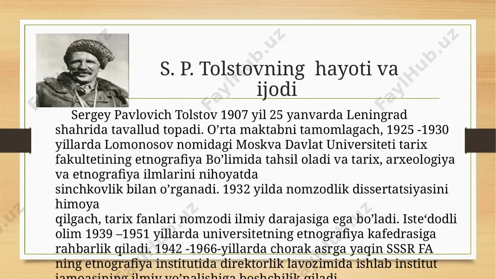 a qadar men xorazm vohasining va unga chegaradosh joylarning hozirgi aholisi hayoti bilan mashgʼul boʼlib, asosan, etnografiyaga oid material toʼpladim. 1937 yildan boshlab, garchi xorazmni va uning tevarakatrofidagi choʼllarni etnografik jihatdan tekshirishni davom ettiravergan boʼlsamda, tadqiqotlarimda asosiy e‘tibor ajoyib arxeologik yodgorliklarga qarata boshladim xorazm jez davri yodgorliklari amirobod madaniyati – qadimgi xorazmning soʼnggi jez davri madaniyati (milloddan avvalgi ix—vlll-asrlar). s. p. tolstov rahbarligidagi xorazm arxeologiyaetnografiya ekspeditsiyasi qoraqalpogʼiston respublikasidagi amirobod kanali atrofidan topib tekshirgan (1937— 40). tagisken - soʼnggi jez davriga oid arxeologik yodgorlik. 1959 y. qiziloʼrda (qozogʼiston) shaharning janubi gʼarbiy, sirdaryoning qadimgi oʼzani inqardaryo yaqinidan topilgan. t. 1960—63 yillarda sssr fa xorazm arxeologik ekspeditsiyasi (sp. tolstov rahbarligida) tadqiqot ishlarini olib borgan. tadqiqotlar natijasida tagiskendan 70 dan ziyod mozorqoʼrgʼon aniqlangan. dafn inshootlari ulkan boʼlib, ayrimlarining diametri 25 m gacha. xorazm qalʼalari tarixi koʻzaliqir — qadimgi xorazmda boʼlgan shahar-qal‘a xarobasi (milloddan avvalgi 1-ming yillikning 1-yarmi). jayhun (amudaryo)ning koʼhna oʼzani boʼyida joylashgan. 1939 …