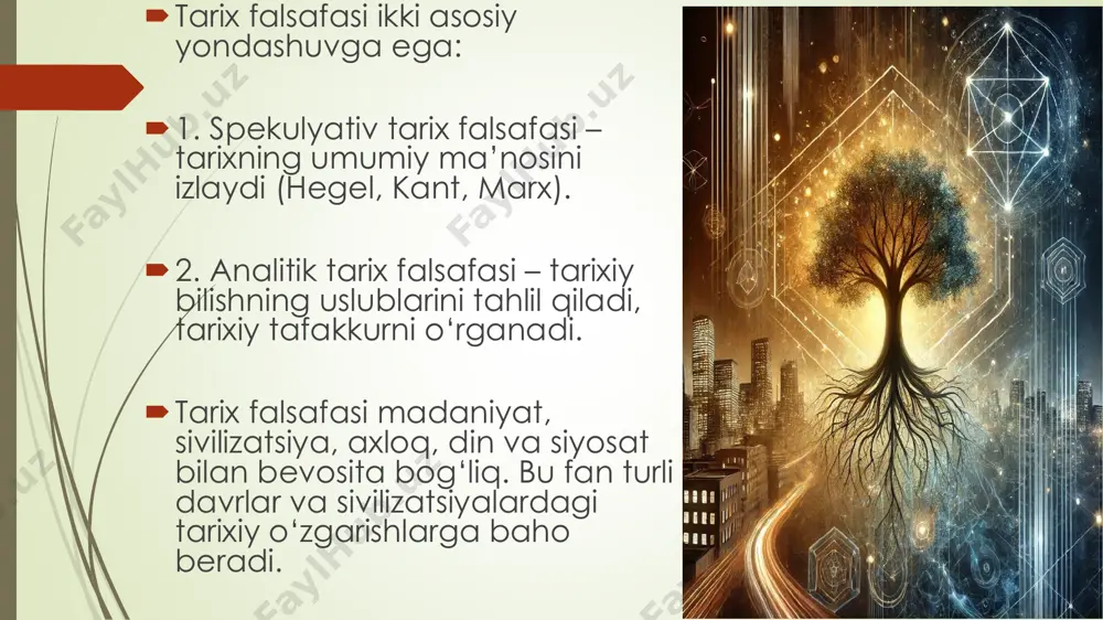 araro muloqot va tolerantlikning ahamiyati bugungi globallashgan dunyoda turli madaniyatlar o‘zaro yaqinlashmoqda. bu esa madaniyatlararo muloqot va bag‘rikenglik (tolerantlik) masalalarini dolzarb qiladi. madaniyatlararo muloqot: turli e’tiqod, urf-odat va qadriyatlarga hurmat bilan yondashish diniy va etnik nizolarni bartaraf etishda muhim omil ilm-fan, san’at va ta’lim orqali o‘zaro tushunishni kuchaytiradi tolerantlik — bu boshqa millat, din, e’tiqod va fikrlarni to‘g‘ri qabul qilish, ular bilan yashash madaniyatidir. unesco tolerantlikni asosiy insoniy qadriyat deb e’tirof etadi. etiboriz uchun raxmat слайд 1, слайд 2, reja: слайд 3, tarix falsafasining mohiyati va predmeti tarix falsafasi — bu tarixiy hodisalarni falsafiy nuqtai nazardan tahlil qiluvchi fan sohasi bo‘lib, u insoniyatning tarixiy taraqqiyotini, sabab-oqibat munosabatlarini va insoniyatning umumiy yo‘nalishin слайд 4 слайд 5 слайд 6 слайд 7 слайд 8 слайд 9 слайд 10 слайд 11 слайд 12 слайд 13 слайд 14, samuel huntington "sivilizatsiyalar to‘qnashuvi" nazariyasida kelajakda madaniy-tamadduniy ziddiyatlar kuchayishini bashorat qilgan. bunga qarshi fikrda bo‘lganlar esa “sivilizatsiyalar …