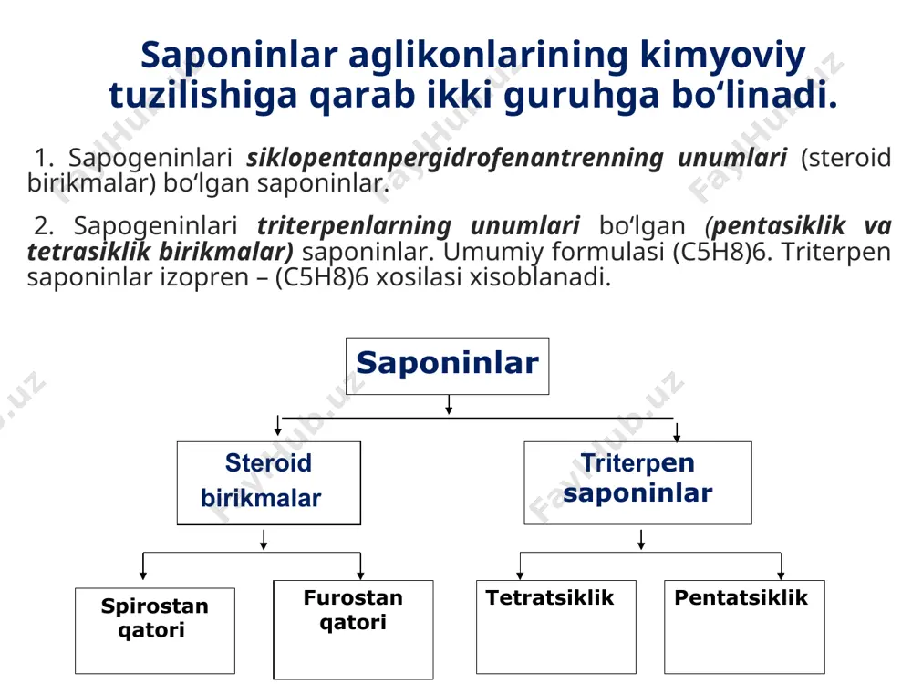 еn unumlaridan iborat bo’ladi. ularning suvdagi eritmasi nеytral muhitga ega bo’ladi. diosgеnin saponinlarning fizik va kimyoviy xossalari saponinlar - oq rangli amorf birikmalar (ularning sapogeninlari esa kristall moddalardir). ular suvda, suyultirilgan etil (60-70%) va metil spirtlarida yaxshi eriydi. 90 % li etil spirtida esa faqat qaynatilgandagina erib, sovitilganida qayta cho‘kadi. saponinlar efir, xloroform va boshqa organik erituvchilarda erimaydi. ularning aglikonlari-sapogeninlar, turli organik erituvchilarda yaxshi eriydi. saponinlar fenollar va steroid spirtlar bilan molekulyar birikma hosil qiladi. hosil bo‘lgan birikmalar suvda va spirtda yomon erigani sababli, saponinlarni o‘simlikdan ajratib olishda va ular miqdorini aniqlashda kimyoviy reaksiyalardan foydalaniladi. xolesterin miqdorini aniqlash usullari ham saponinlar (digitonin) bilan erimaydigan molekulyar birikma hosil qilishiga asoslangan. saponinlar xolesterin bilan birikkanda, biologik faolligini yo‘qotadi. saponinlarni tahlil qilish usullari sifat rеaktsiyalar: 1 g maydalangan mahsulotni kolbaga solinadi va unga 100 ml natriy xloridini 0,9% eritmasidan solib havo sovutgichi bilan ulanadi va qaynayotgan suv hamomida 30 minut qizdiriladi. aralashma sovutilib …