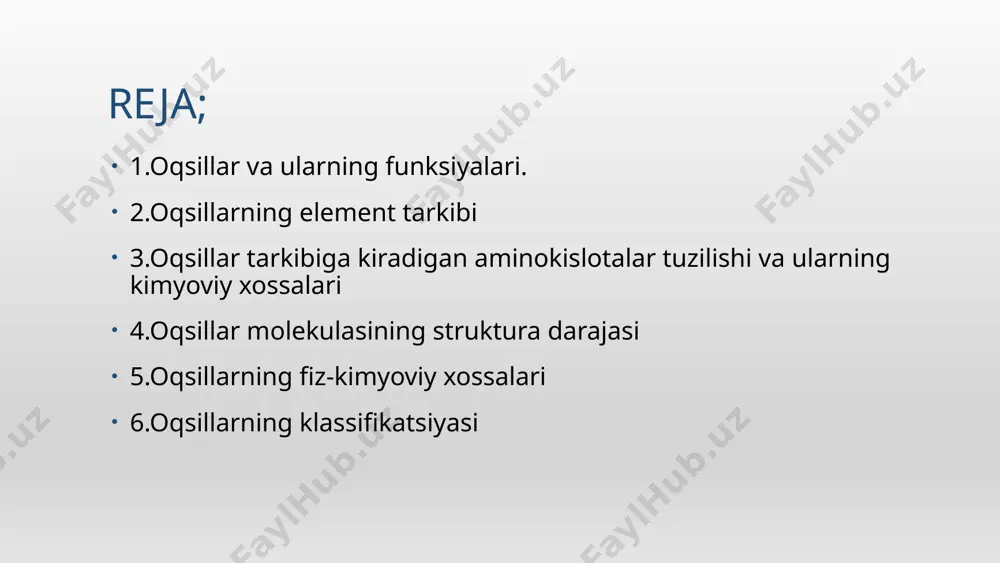 topgan. bu yerda fibrillar oqsillar (kollagen, keratin, elastin va boshqalar) muhim vazifani bajaradi. 2. katalitik funksiya – organizmdagi biokatalizatorlar – fermentlar oqsil tabiatiga ega va barcha biokimyoviy reaksiya sodir bo‘lishini boshqaradilar, ya’ni reaksiyalar tezligini ma’lum tartibda borishiga va boshqarilishiga imkon beradi. 3. energetik funksiya – oqsillar oshqozon ichak traktida parchalanib, oddiy aminokislotalar shaklida so‘riladi. aminokislotalarning ma’lum qismi oksidlanib energiya hosil qiladi. 4. transport vazifasi. oqsillar suvda, qonda yaxshi eriydigan xususiyatga ega va suvda, qonda erimaydigan moddalar bilan kompleks hosil qilib ularning eruvchanligini, tashilishini ta’minlaydi. masalan: qon plazmasi oqsili albumin yog‘ kislotalar, lipidlar, boshqa oqsillar temir, mis, vitamin, gormonlarni nishon a’zolarga tashiydi. 5. qisqaruv funksiyasi – mushak oqsillari tarkibiga kiruvchi aktin, miozin, troponinlar qisqaruv qobiliyatiga ega. bu oqsillar muskullar tarkibiga kirib mexanik ish bajarishda qatnashadi. qisqarish funksiyasi sitoskelet oqsillariga ham xosdir, ular hujayra hayot faoliyati jarayonlarini (mitoz jarayonida, xromosomalar ajralishida) ta’minlaydi. 6. himoya funksiyasi. organizmga tushgan begona oqsillar, viruslar, bakteriyalar toksinlari …