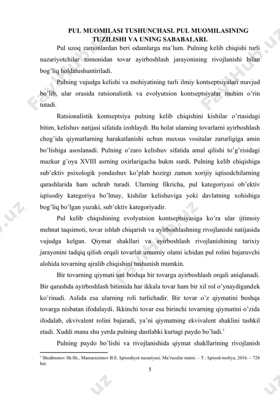 a unchalik qadrlanmagan. undan tashqari, ayrim narsalarni uzoq saqlab bo’lmasligi, uzoq joyga olib borish qiyinligi (masalan, chorva mollarini) qo’shimcha qiyinchilik tug’dirgan. natijada tovarlar ichidan shunday bir tovar ajralib chiqishi ob’ektiv zarurat bo’lib qoldiki, bu tovar qator xususiyatlari bilan avvalgi ayirboshlash vositasi bo’lib xizmat qilgan tovarlardan quyidagi xususiyatlari bilan ajralib turishi talab etilgan: 1. uzoq muddat saqlash mumkinligi. 2. uzoq masofaga olib borish qulayligi. 3. tabiatda kamyob bo’lib, kam miqdorining ham qadr-qimmatini yuqoriligi. 4. sifat jihatidan bir xilligi. 5. qadr-qimmatini yo’qotmay, oson bo’linishi va qo’shilishi. mana shunday xususiyatlarga nodir metallar, kumush va oltin ega bo’lib, ular har qanday boshqa tovarga ayirboshlanadi, ya’ni umumiy ekvivalent rolini o’ynaydi. ana shunday xossaga ega bo’lgan alohida tovar pul deb ataladi. o’zbеkiston hududida tarixan bundan ham oldinroq kumush va mis tangalar muomalada bo’lgan. shayboniyxon samarqandni zabt etgandan kеyin, 1507 yilda pul islohotini o’tkazgan. bizgacha shayboniyxon (1501-1610) va abdullaxon (1583-1598) zarb etgan tangalar yetib kеlgan. abdullaxon davrida …