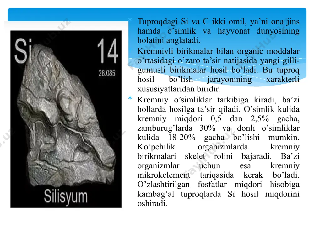 ibollar, olivinlar, gilli minerallar kiradi va ular tuproqning ko’pchilik xossalarini belgilaydi. alyumosilikatlar miqdoriga tuproqlarning yopishqoqligi, bo’kishi, lationlarning singdirish qobiliyati va boshqalar bog’liq. og’ir granulometrik tarkibga ega bo’lgan tuproqlarda sio2 ijobiy rol o’ynaydi, ya’ni uning suv havo o’tkazuvchanligini yaxshilaydi. shuning uchun ham melioratsiya ishlarining ko’pchiligida qumlash ishi bajariladi. tuproqning yirik fraksiyalarini hamda gilli fraksiyalarini ko’p qismini alyumosilikatlar tashkil qiladi. barcha silikatlarning negizi kremniy kislorodli tetraedr (sio4) tashkil qiladi. silikatlarning 6 ta tipi farq qilinadi: 1. orolli 2. halqali 3. zanjirli 4. lentali 5. qatlam-qatlamli 6. karkasli tuproqlarda 6 ta tipning barchasini kuzatish mumkin. qumli va yirik fraksiyalarda qatlam-qatlamlidan boshqa barcha silikatlar tiplari mavjud bo’ladi. bularga: dala shpatlari, amfibollar, olivine, epidot va boshqalar misol bo’ladi. tuproqning ill va kolloid zarrachalarida qatlam-qatlamli minerallar ko’p bo’lib, ular tuproqni kationlar va anionlar singdirish qobiliyatiga, yopishqoqligi, bo’kishi kabi xossalariga kata ta’sir ko’rsatadi. kremniyning asosiy qismi bo‘lakli birlamchi minerallardan tashkil topgan 0,25 mm dan katta bo‘lgan fraksiyaga …