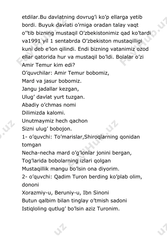 imizda mangu yashaydi. ta’zim qilishadi.siz ham kelajakda yurt tinchligiga hissa qo’shasiz deb o’ylayman.chunki: 1-o’quvchi: yigitlar xalqlarning maqtovi, ko’rki. naslning javhari , davlat tayanchi, yurtning obodligi, to’ylar sababi, elning gurkirashi, fayzi, quvonchi. 2- o’quvchi: yigit omon bo’lsa xavfu xatar yo’q qalqon bor, qal’a bu , qo’rg’on salomat, yigitlar kulgusiga avju daromod go’dak uyqusida rohat- xalovat. o’qituvchi: siz bugun alpomish, amir temurga munosib nabira, mard, jasur o’g’lon ajdodlar pok ruhi qo’llasin sizni sizga tayanadi hur o’zbekiston. xarbiy qo’shiq ijro etiladi. 1- o’quvchi: vatan bag’rin yashnatib, gulzor etib, yuraklarni bir umr bedor etib, bosh ko’tarsa yovlarni tor-mor etib, tinchlik uchun metin qo’rg’on bo’laylik shu aziz vatanga qalqon bo’laylik. 2- o’quvchi: bu hur kunlar asli doril-omondir, bobolarim orzu qilgan zamondir kimga darmon , kimlargadir armondir, shukronalar aytib , shodon bo’laylik shu aziz vatanga qalqon bo’laylik. 3- o’quvchi: temur bobom bizni doim qo’llagay jaloliddin jasoratga yo’llagay ajdodlarning matonati o’lmagay biz ularga sodiq o’g’lon bo’laylik shu …