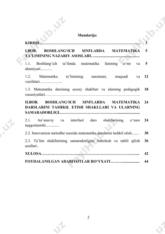 kurini rivojlantirishda hal qiluvchi bosqich bo‘lib, bu jarayonda matematika fanining o‘rni beqiyosdir. chunki aynan matematika darslarida o‘quvchilar mantiqiy fikrlash, muammoni hal qilish, sonli munosabatlarni anglash, amaliy topshiriqlarni bajarish orqali tafakkurni faol rivojlantiradi. boshlang‘ich sinflarda matematika ta’limini tashkil etishda dars shakllarining to‘g‘ri tanlanishi va samarali qo‘llanishi muhim ahamiyatga ega. har bir o‘qituvchining asosiy vazifasi – darsni bolalar yoshiga mos, qiziqarli, interfaol va hayotiy misollar bilan boyitilgan tarzda olib borishdir. dars shakllari – bu ta’lim mazmunini qanday yo‘l bilan o‘quvchilarga yetkazishning tashkiliy ifodasi bo‘lib, ular orqali nafaqat bilim beriladi, balki o‘quvchilarning shaxsiy faolligi, mustaqil fikrlashi, guruhda ishlashi, o‘z fikrini dalillab berish ko‘nikmalari ham shakllanadi. kurs ishining dolzarbligi - bugungi globallashuv va raqamli texnologiyalar asrida ta’lim tizimi oldida turgan asosiy vazifalardan biri – o‘quvchilarda mustahkam bilim asoslari, funksional savodxonlik va real hayotiy muammolarni hal qilishga yo‘naltirilgan kompetensiyalarni shakllantirishdir. ayniqsa, boshlang‘ich sinflarda bu jarayonning poydevori sifatida matematika fanining o‘rni beqiyosdir. zero, matematika – bu …