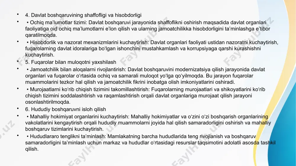 jarayonini avtomatlashtirish va fuqarolar uchun onlayn ravishda ish o‘rinlariga ariza berish imkoniyatlarini yaratish. • kadrlar zaxirasini yaratish: o‘zbekistonda yuqori malakali rahbar xodimlar uchun maxsus kadrlar zaxirasi tashkil etilmoqda. bu zaxira tizimi kelajakda boshqaruv lavozimlariga tayyorlanadigan yetakchi kadrlarni rivojlantirish va ularga imkoniyatlar yaratish uchun ishlatiladi. 4. kadrlarning motivatsiyasi va rag‘batlantirilishi • natijaga asoslangan rag‘batlantirish: kadrlar siyosatida davlat xizmatchilarini motivatsiya qilish uchun natijaga asoslangan rag‘batlantirish tizimi joriy etilgan. bu xodimlarning faoliyati samaradorligini oshirishga xizmat qiladi. • moddiy va nomoddiy rag‘batlar: davlat xizmatchilariga o‘z ishlaridagi yutuqlariga qarab moddiy rag‘batlar (mukofotlar, qo‘shimcha maosh) va nomoddiy rag‘batlar (faxriy unvonlar, davlat mukofotlari) berish tizimi keng qo‘llanilmoqda. 5. korrupsiyaga qarshi kurash va shaffoflik • korrupsiyaga qarshi chora-tadbirlar: kadrlar siyosati doirasida korrupsiyaga qarshi kurashga katta e’tibor qaratilmoqda. davlat xizmatchilari faoliyatida shaffoflikni ta’minlash va ularning mas’uliyatini oshirish orqali korrupsiyaning oldini olish choralari ko‘rilmoqda. • ochiq tanlov tizimi: kadrlarni ishga qabul qilishda ochiq tanlovlar o‘tkazish tizimi yo‘lga qo‘yilgan. bu jarayonlarda …