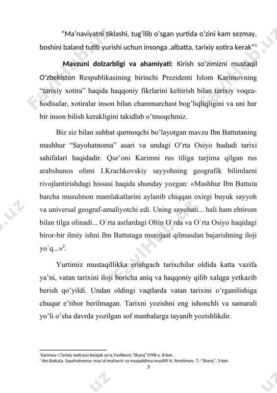 qodiga oid bo’lgan ma’lumotlarni olish va ularni qay darajada aniqligini boshqa manbalarga taqqoslab aniqlashlik. -ilmiy ishlarni yaratishni o’rganish; -bu mavzuni yanada yaxshiroq yoritib berish. -umumiy voqealardan to’g’ri xulosa chiqarishni o’rganish. mavzuni o’rganilish darajasi: ibn battutaning sayohatnomasi o‘zining qiziqarli, nodir ma’lumotlari bilan jahon ilm ahlini qiziqtirmay qolmagan. muhammad ibn fathulloh ibn muhammad al-bayluniy xvii asr oxirida sayohatnomani qisqartirib, “ibn battuta sayohatnomasidan parchalar” deb atagan. yevropa sharqshunoslari ibn battutani ayni mana shu qisqartma matn orqali taniganlar. sayohatnomaga 1808-yili nemis sayyohi zeettsen birinchi bo‘lib diqqatni tortgan. 1818-yili kozegarten sayohatnomaning hindiston, xitoy va sudanga bag‘ishlangan uch bo‘lagini lotin tiliga tarjima qilib, nashr ettirgan. kozegerten ibn battuta axborotlarining haqqoniyligini tekshirish uchun boshqa geografik manbalarni ham jalb etadiki, ular bilan solishtirganda kitobxon ibn battuta sayohatnomasining naqadar katta tarixiy-geografik qimmatga ega ekaniga yanada amin bo‘ladi. shuning-dek, kozegartenning shogirdlaridan biri genrix apets parchalarning malabar sohillari va maldiv orollariga bag‘ishlangan yana bir qismini nashr ettirgan. o‘sha yilning o‘zida mashhur …