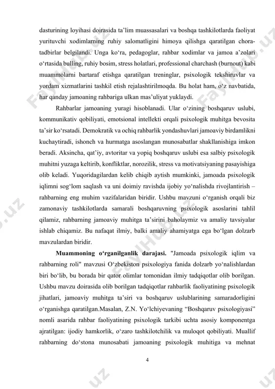 odimlarning ruhiy salomatligini ta’minlashga qaratilgan. rustamovning tadqiqotlari rahbarlarning psixologik bilim va ko‘nikmalarini rivojlantirish orqali jamoaviy samaradorlikni oshirishga xizmat qiladi. umuman olganda, o‘zbekiston psixolog olimlari tomonidan jamoada psixologik iqlim va rahbarning roli masalalari bo‘yicha olib borilgan tadqiqotlar rahbarlik faoliyatining psixologik asoslarini chuqur o‘rganishga, jamoaviy muhitni yaxshilashga va tashkilotlar samaradorligini oshirishga qaratilgan. kurs ishining maqsadi. jamoada psixologik iqlimning shakllanishi va rivojlanish jarayonida rahbarning tutgan o‘rni va roli, ularning boshqaruv uslublarining jamoa a’zolari o‘rtasidagi o‘zaro munosabatlarga, mehnat samaradorligiga va umumiy ish muhitiga ko‘rsatadigan ta’sirini psixologik nuqtayi nazardan tahlil qilishdan iborat. kurs ishining vazifalari: · jamoada psixologik iqlim tushunchasining nazariy asoslarini o‘rganish · rahbarning jamoaga ta’siri va roli haqida nazariy bilimlarni tahlil qilish · o‘zbekiston va xorijiy psixologlarning tadqiqotlarini tahlil qilish · ijobiy psixologik iqlim shakllanishining shart-sharoitlarini aniqlash kurs ishining predmeti. jamoada psixologik iqlimni shakllantirish va rivojlantirish jarayonida rahbarning psixologik, shaxsiy va boshqaruv omillar orqali ko‘rsatayotgan ta’siri hisoblanadi. kurs ishining obyekti. mehnat jamoasi (tashkilot, …