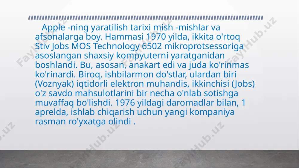 esstra, ssenariy mualliflari, fizik-teorik va boshqalar; apple ishchilari uchun yagona bepul yegulik olma hisoblanadi. apple kompaniyasida ish jarayoni qat'iy belgilanmagan va rasmiy ko'rinishga ega emas, bu degani har xil rasmiy majlislar kamdan kam o'tkaziladi deganidir; kompaniya ishchilari uchun statistika katta ahamiyatga ega, u yerda katta oq doska mavjud bo'lib, statistik ma'lumotlar doimiy ravishda o'zgarib turadi. apple kompaniyasida birinchi ish kunini boshlagan ishchilar, kompaniya tomonidan berilgan apple logotipiga ega futbolka kiyib yurishlari shart. bu albatta barchadan ajralib turish uchun. ko'p yangi ishchilar asosan o'ylab topilgan, kerak bo'lmagan loyihalar ustida ishlashadi. bu haqida ular vazifani topshirish davomida bilib qolishadi. bu orqali ish beruvchi, yangi ishchilarni dunyoqarashi, fikrlashi va albatta sabrini sinab olishar ekan. image2.emf image3.png image4.jpeg image5.jpeg image6.jpeg image1.jpg