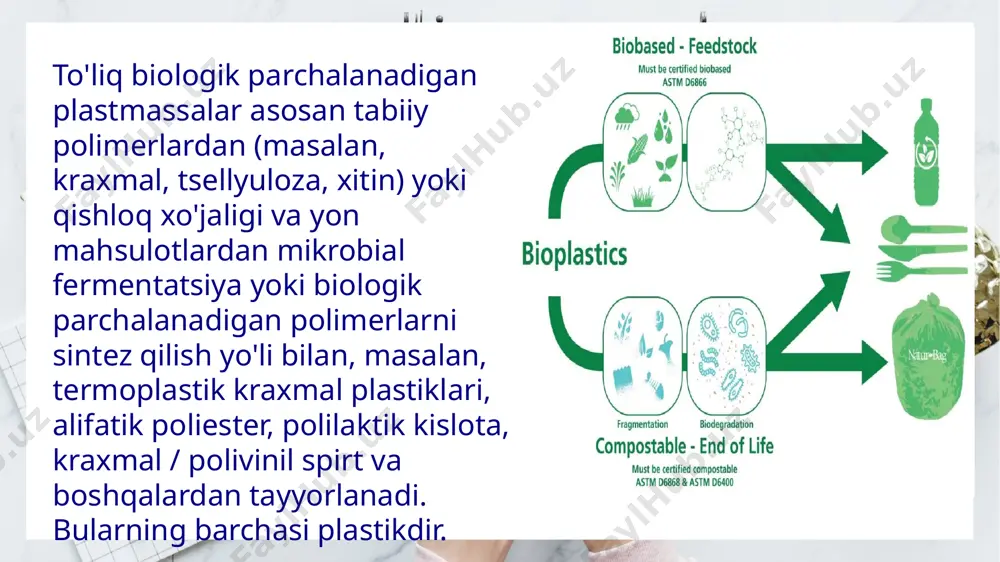 bir biologik parchalanadigan material uning buzilishi uchun ma'lum ekologik sharoitlarni talab qiladi. agar u degradatsiyaga, ayniqsa mikroorganizmlarning yashash sharoitlariga ega bo'lmasa, uning tanazzuli juda sekin kechadi; har qanday ekologik sharoitda tezda buzilishi mumkin. shuning uchun, biologik parchalanadigan materiallar bilan ishlashda, biz uning atrof-muhit sharoitidan boshlashimiz va materialning tuzilishini tahlil qilib, uning biologik parchalanadigan material ekanligini aniqlashimiz kerak. o'simlik yog'i, makkajo'xori kraxmal, no'xat kraxmal yoki mikrobiota kabi qutulish mumkin bo'lgan biomassa manbalaridan ishlab chiqarilgan biologik parchalanadigan plastik qadoqlash materiallari issiqxona gazlari emissiyasini kamaytiradi. amerika sinov materiallari jamiyati (astm) tomonidan berilgan ta'rifga ko'ra, tabiatda topilgan bakteriyalar, zamburug'lar, suv o'tlari, xamirturush va boshqa mikroorganizmlar ta'sirida erishi mumkin bo'lgan polimerlar biologik parchalanadigan polimerlar deb ataladi. biodegradatsiya sodir bo'lishi uchun asosan uchta asosiy shart mavjud. bu shartlar organizm, substrat va atrof-muhit ta'siridir. agar ulardan birortasi ham ta'minlanmagan bo'lsa, biodegradatsiya sodir bo'lmaydi. 16 aqsh va yevropa ittifoqi mamlakatlarida biologik parchalanadigan plastik qadoqlash materiallarini ishlab chiqarish va …