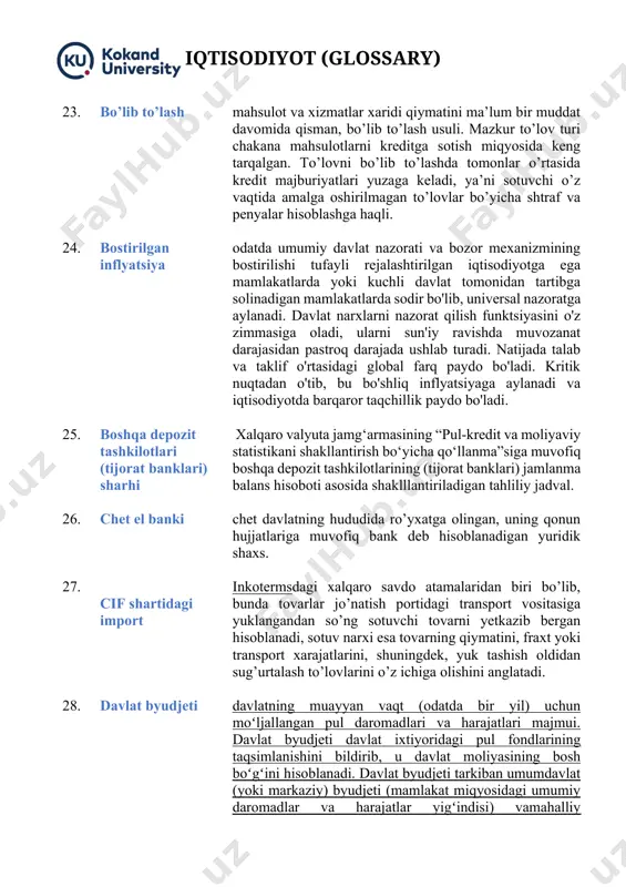 ing taqsimlanishini bildirib, u davlat moliyasining bosh boʻgʻini hisoblanadi. davlat byudjeti tarkiban umumdavlat (yoki markaziy) byudjeti (mamlakat miqyosidagi umumiy daromadlar va harajatlar yigʻindisi) vamahalliy (munitsipal) byudjet (hududiy tuzilmalar — oʻlka, viloyat, tuman va h.k. doirasidagi pul daromadlari va harajatlari)ga boʻlinadi 29. daromad (sof) daromad bo’yicha majburiy to’lovlar (soliqlar, bank kreditlari bo’yicha to’lovlar va hokazolar) dan keyingi daromad.1 30. davlat boji yuridik ahamiyatga molik harakatlarni amalga oshirganlik va (yoki) bunday harakatlar uchun vakolatli muassasalar va (yoki) mansabdor shaxslar tomonidan hujjatlar berganlik uchun olinadigan majburiy to’lovdir.1 31. davlat maqsadli jamg’armalari mablag’lari soliqlar, majburiy to’lovlar va jarimalar, shuningdek budjet subsidiyalaridan shakllantiriladigan davlat maqsadli jamg’armalari davlat funksiyalarini amalga oshirish uchun tashkil etiladi.1 32. davlat qarzi o’zbekiston respublikasining ichki va tashqi mablag’larni jalb qilish natijasida vujudga kelgan majburiyatlari. 33. davlat qimmatli qog’ozlari o’zbekiston respublikasining g’azna majburiyatlari va o’zbekiston respublikasi vazirlar mahkamasi vakolat bergan organ tomonidan chiqarilgan obligasiyalar, shuningdek o’zbekiston respublikasi markaziy bankining obligasiyalari. 34. defitsit …
