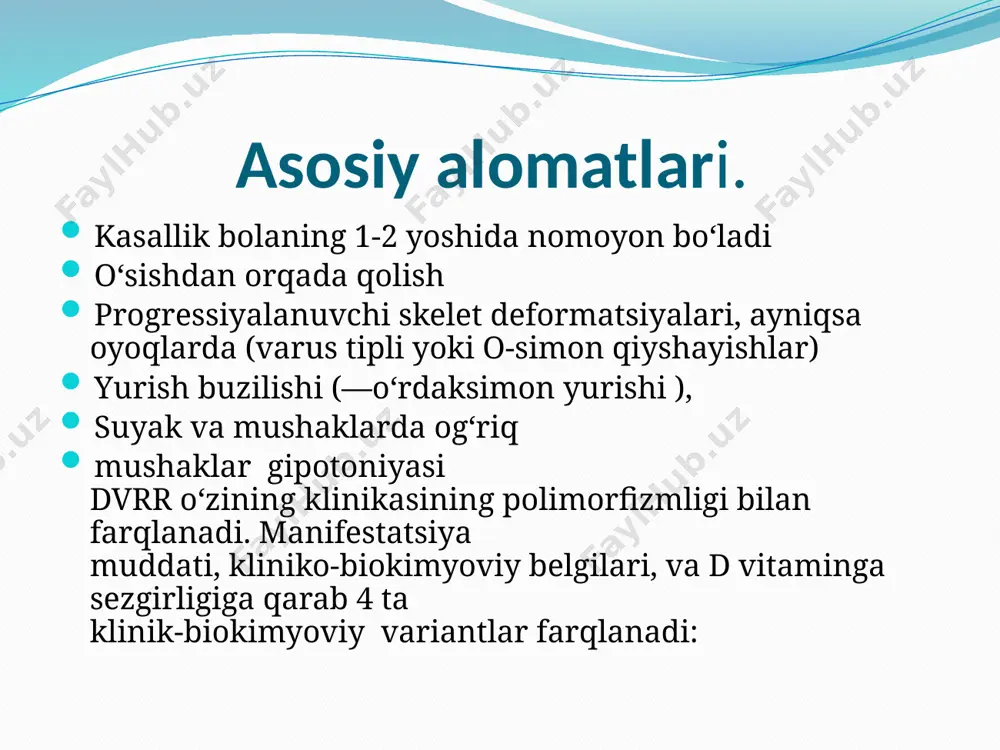 igini oldini olishga qaratilgan. davolash d vitamin va uning metabolitlari (allovel, miokaltsik, oksidevit 1.25- dioksixolekaltseferol) bilan davolanadi. davolash muddati 2-6 oy. davolash kompleks davolash uchun kaltsiy va fosfor preparatlari a, c, e vitaminlari, sitrat aralashmalari 3-5 oygacha beriladi. kaltsiy-fosfor gomeostazi dinamikasi yaxshilanishi kompleks davolash boshlangandan 4-6 haftadan so‘ng kuzatiladi. vitaminoterapiya to‘xtatilgandan so‘ng (3-6 oydan so‘ng) kasallik retsidivlanishini oldini olish uchun bir necha yilgacha davolashni davom ettirish kerak. davo erta boshlanganda klinik-biokimyoviy belgilar normallashishi mumkin. kech davolanganda esa oyoqlarda og‘ir va qaytmas deformatsiyalar saqlanadi, kasallik og‘irlashadi. bunday xollarda osteotomiya orqali jarroxlik muolajasi o‘tkaziladi. aminokislotalar almashinuvi buzilishlari. fenilketonuriya (fenilpirouzum oligofreniyasi) fenilketonuriya (fku) kasalligini birinchi marta a.fyoling 1934 yilda aniqladi. fku keng tarqalgan aminoatsidopatiya kasalliklari qatoriga kiradi. fkuning uchrash chastotasi populyatsiyalarda har xil – 1:3500 dan 1:100000gacha. kasallikning etiologiyasi va patogenezi. fku autosoma-retsessiv tipda irsiylanadi, kasallik geni 12 xromosomaning uzun yelkasi 12q22-12q24.1 lokusida joylashgan. kasallik asosida fenilalanin-4-gidroksilaza fermenti yetishmovchiligi yotadi. organizmga tushgan fenilalanin …