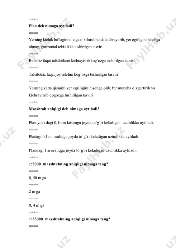 qаndаy nоmеrlаnаdi? ==== g`аrbdаn shаrqgа. ==== shаrqdаn g`аrbgа ==== jаnubdаn shimоlgа ==== shimоldаn jаnubgа ++++ rumb deb nimaga aytiladi? ==== myeridianning yaqin uchidan byerilgan chiziqgacha bo`lgan o`tkir gorizontal burchakka ==== myeridianning shimoliy yo`nalishidan soat mili yo`li bo`yicha byerilgan chiziqgacha bo`lgan gorizontal burchakga ==== uqiy myeridianning shiimoliy yo`nalishidan soat mili yo`li bo`yicha byerilgan chiziqgacha bo`lgan gorizontal burchakga ==== myeridianning yaqin uchidan soat mili yo`li bo`yicha byerilgan chiziqgacha bo`lgan gorizontal burchakga ++++ rumb deb nimaga aytiladi? ==== myeridianning yaqin uchidan byerilgan chiziqgacha bo`lgan o`tkir gorizontal burchakka ==== myeridianning shimoliy yo`nalishidan soat mili yo`li bo`yicha byerilgan chiziqgacha bo`lgan gorizontal burchakga ==== myeridianning shimoliy yo`nalishidan soat mili yo`li bo`yicha byerilgan chiziqgacha bo`lgan gorizontal burchakga ==== uqiy myeridianning shiimoliy yo`nalishidan soat mili yo`li bo`yicha byerilgan chiziqgacha bo`lgan gorizontal burchakga ++++ direksion burchak deb nimaga aytiladi? ==== o`qi myeridiani yoki unga parallel bo`lgan chiziqning shiimoliy yo`nalishidan soat mili yo`li bo`yicha byerilgan chiziqgacha bo`lgan gorizontal burchakga ==== …