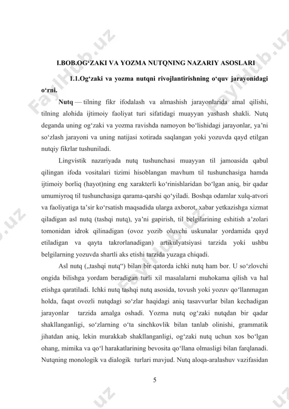 ib boradi. nutq madaniyati · nutq soʻzlash, maʼruza qilish, oʻzaro muloqot, savol-javob, davra suhbatlarida oʻzbek adabiy tili boyligidan samarali foydalanish; · gʻoyaviy, mafkuraviy, maʼnaviy, tarbiyaviy jihatlarni singdirish; · xalq ogʻzaki ijodi, hikmatli soʻzlar, maqollar, kattalar oʻgitlaridan oʻz oʻrnida, meʼyorida foydalanish; · nutqning qisqa, aniq-ravshan, teran mazmunli, keng qamrovli boʻlishiga eʼtibor berish; · nutq, maʼruza, suhbat oxirida qisqa xulosalar chiqarish; · zarurat tugʻilganda tinglovchilar, suhbatdoshlar bilan odob doirasida, vazminlik asosida bahslashish, munozara yuritish kabi xususiyatlarni oʻzida mujassam etmogʻi lozim. nutq madaniyati notiqning oldiga ham muayyan talablar qoʻyadi: notiq nutq soʻzlashga oʻz yoshi, ishi, lavozimi, mavqei kabilarni hisobga olgan holda, kamtarona kiyinib chiqishi; nutqni boshlashdan oldin tinglovchilar bilan samimiy salomlashishi; nutq mavzuiga oid savollarga loʻnda, aniq-ravshan, qisqa javob berishi, bilmaganlariga uzr soʻrashi; nutq mavzuiga doir boʻlmagan savollarga javob bermasligi; tinglovchilar nafsoniyatiga tegmasligi, turli nooʻrin xatti-harakatlarga yoʻl qoʻymasligi lozim. yuksak nutq madaniyati kishining umumiy madaniyati, fikrlash madaniyati, tilga nisbatan ongli mehr-muhabbatini namoyon qiladi. …