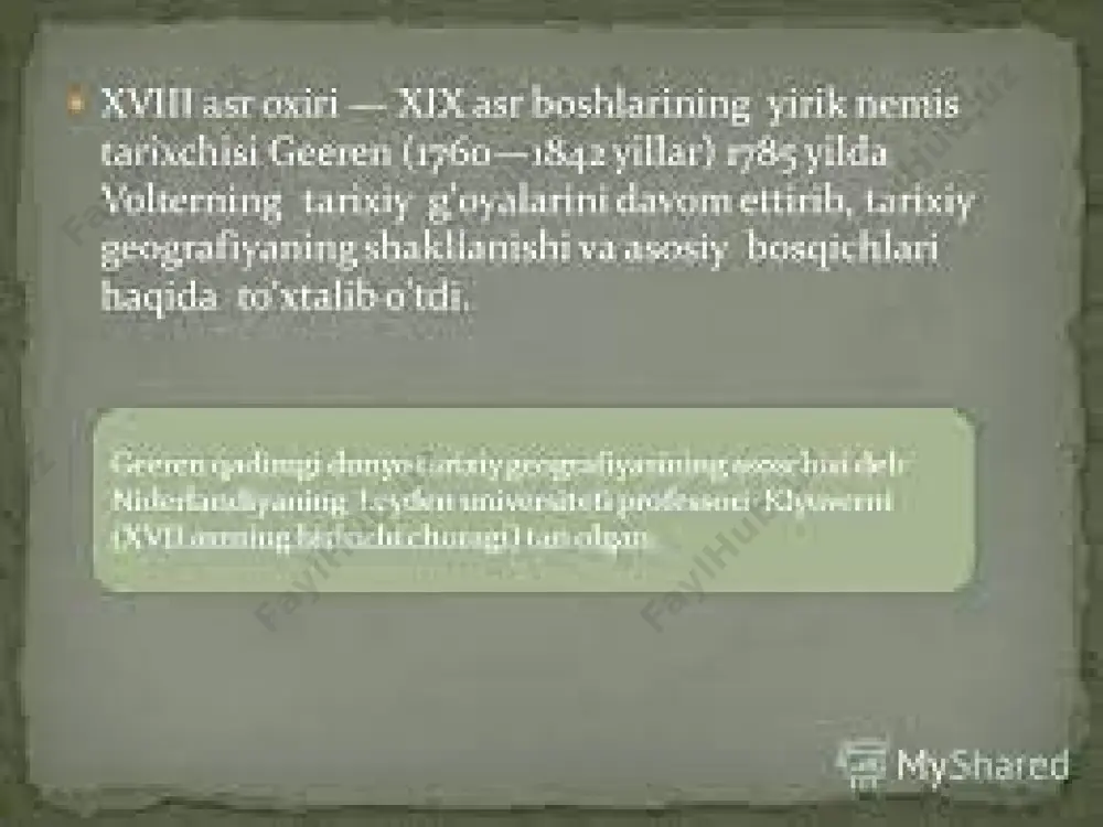 ng bu qo'shimchasi keyinchalik 1603 yili 38 ta kartadan iborat bo‘lgan antik davming geografik atlasini tuzilishiga sabab bo'ldi. shuningdek, a.orteliy va v.dyuval tomonidan tuzilgan kartalarda afsonaviy voqea-hodisalar va injildagi rivoyatlar tasvirlangan. masalan, avliyo pavel va ibrohim payg‘ambarning sayohati, troyalik eneyning dengiz sayohati, odisey yurgan yo'llar tasvirlangan. keyinroq kartalarda tarixiy-iqtisodiy m a’lumotlar ham qayd qilina boshlangan. 2.xix asrning ikkinchi yarmida tarixiy geografiyaning yangi qirralari. xix asming ikkinchi yarmidantarixiy ilmiy tadqiqotlar ijtimoiy-iqtisodiy tarixiy ma’lumotlami o‘rganish hisobiga boyib bordi. bu yo‘nalish bo‘yicha ko'zga ko‘rinarli qilingan ishlardan biri 1936 yilda kembrijda g.k.darbi rahbarligidagi ilmiy jamoa tomonidan nashrdan chiqarilgan angliyaning tarixiy geografiyasi to‘g‘risidagi asami keltirishimiz mumidn1. bu asar angliyaning 1800 yilgacha bo‘lgan tarixiy geografiyasiga bag‘ishlangan. g ‘arbiy yevropada tarixiy geografiya faniga a.orteliy, f.klyuver, j.b. d ’anvil, g.k.darbi kabi olimlar katta hissa qo‘shganlar.rossiyada esa tarixiy geografiyaning asoschisi v.n.tatishev2 hisoblanadi. i. n. boltin ham mazkur fanning rivojlanishiga katta e’tibor qaratgan. xix asming ikkinchi yarmidan tarixiy geografiya sohasida …