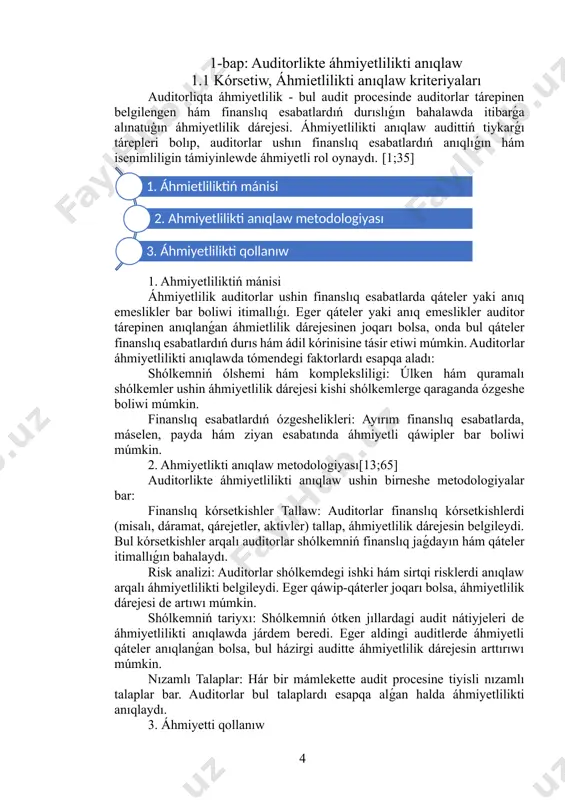 . ahmiyetlikti anıqlaw metodologiyası[13;65] auditorlikte áhmiyetlilikti anıqlaw ushin birneshe metodologiyalar bar: finanslıq kórsetkishler tallaw: auditorlar finanslıq kórsetkishlerdi (misalı, dáramat, qárejetler, aktivler) tallap, áhmiyetlilik dárejesin belgileydi. bul kórsetkishler arqalı auditorlar shólkemniń finanslıq jaǵdayın hám qáteler itimallıǵın bahalaydı. risk analizi: auditorlar shólkemdegi ishki hám sirtqi risklerdi anıqlaw arqalı áhmiyetlilikti belgileydi. eger qáwip-qáterler joqarı bolsa, áhmiyetlilik dárejesi de artıwı múmkin. shólkemniń tariyxı: shólkemniń ótken jıllardagi audit nátiyjeleri de áhmiyetlilikti anıqlawda járdem beredi. eger aldingi auditlerde áhmiyetli qáteler anıqlanǵan bolsa, bul házirgi auditte áhmiyetlilik dárejesin arttırıwı múmkin. nızamlı talaplar: hár bir mámlekette audit procesine tiyisli nızamlı talaplar bar. auditorlar bul talaplardı esapqa alǵan halda áhmiyetlilikti anıqlaydı. 3. áhmiyetti qollanıw audit procesinde auditorlar anıqlanǵan áhmiyetlilik dárejesine tiykarlanıp, qátelerdi bahalaydı. eger auditte anıqlanǵan qáteler zárúrlik dárejesinen joqarı bolsa, auditorlar finanslıq esabatlardı qayta kórip shıǵıw yamasa dúzetiw zárúrligin usınıs etedi. bul process audit jumısınıń durıslıǵın hám isenimliligin támiyinlewge járdem beredi. auditorda áhmiyetlilikti anıqlaw - bul audit procesiniń …