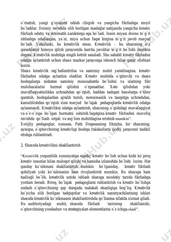 odat sifatida namoyon bo`lishiga erishish mumkinmi? bu o`rinda patti drapeau shunay fikrlarni ilgari suradi: “miya tadqiqotlari kreativ fikrlash ko`nikmasini rivojlantirish usullari va uni qanday qilib odatga aylantirish mumkinligini tushunish imkonini beradi. kreativlik miyaning old (g`oyalar yuzaga keladigan) va chekka (tahlil qilish) sohalarining o`zaro muvofiqlikda ishlashi va dopamin (kishining o`zini yaxshi his etishiga yordam beruvchi) moddasining ishlab chiqarilishi natijasida ro`y beradi. ta`lim olish miyada kichik burmalarining paydo bo`lishiga olib keladi hamda miyaning faol ishlashi natijasida bu jarayon kuchayadi. inson miyasi obraz, bashorat, xis tuyg`u, emotsiya va ma`no boy ma`lumotlar olishni ma`qul ko`radi. “agarda ma`lumot hech qanay hissiyot va fikriy jarayonlardan holi bo`lsa, u miyada saqlanmaydi”. biroq, kreativ fikrlash miyada uning “ta`lim olish va o`rganish metodlariga zid bo`lgan” yangi usullarni qo`llash va noan`anaviy, orginal g`oyalarning ishlab chiqilishini taqozo etadi. kreativ fikrlash ko`nikmasini mashq qildirish natijasida shaxs faqatgina o`rnatilgan aloqalarga tayanibgina qolmay, balki miyada yangi, ma`noga boy aloqalarni o`rnatish, yangi g`oyalarni ishlab chiqish …