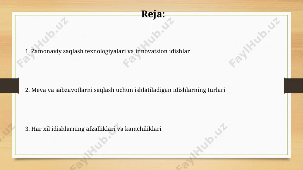 i va sifatini uzoqroq saqlashga yordam beradi. transport uchun konteynerlar meva va sabzavotlarni tashish uchun ishlatiladigan konteynerlarning 90% dan ortig'i standartlashtirilgan o'lchamlarga ega bo'lib, bu yuk tashish va saqlash samaradorligini oshiradi. katta hajmdagi yuklarni tashish uchun ishlatiladigan, 40 futli konteynerlar, taxminan 25-30 tonna meva va sabzavot sig'imi bilan jihozlangan. yog'och qutilar standart yog'och qutilarning o'lchamlari taxminan 40x60x30 sm bo'lib, ularning sig'imi va og'irligi turli xil meva va sabzavotlarning turlariga qarab farq qiladi, masalan, olma uchun 20 kg gacha. yog'och qutilarning nafas oladigan tuzilishi tufayli, ular ichidagi mahsulotlarning havo almashinuvi yaxshilanadi, bu esa mog'or va chirish xavfini 5-10% ga kamaytiradi. polipropilen sumkalar polipropilen sumkalarning qayta ishlanishi mumkinligi ularning ekologik jihatdan toza ekanligini ko'rsatadi, bu esa qayta ishlash darajasini 70% gacha oshirish imkonini beradi. polipropilen sumkalar o'rtacha 50-100 mikron qalinlikda bo'lib, bu ularga yaxshi mustahkamlik va meva-sabzavotlarni shikastlanishdan himoya qilish xususiyatini beradi. savdo uchun konteynerlar meva va sabzavotlarni saqlash uchun mo'ljallangan konteynerlarning …