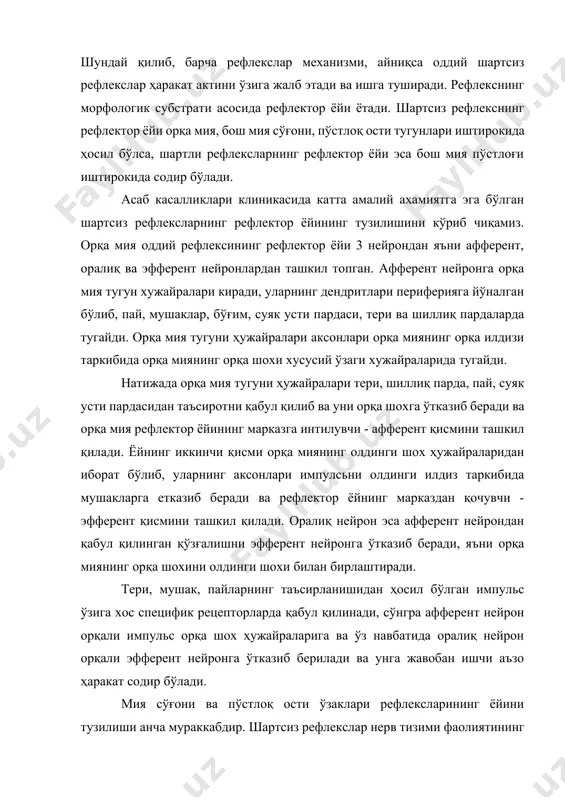 авбатида оралиқ нейрон орқали эфферент нейронга ўтказиб берилади ва унга жавобан ишчи аъзо ҳаракат содир бўлади. мия сўғони ва пўстлоқ ости ўзаклари рефлексларининг ёйини тузилиши анча мураккабдир. шартсиз рефлекслар нерв тизими фаолиятининг кўрсаткичи бўлиб, тананинг турли қисмларида чақирилади, уларнинг рефлектор ёйи бош мия сўғонида, орқа мияга тааллуқли бўлган сегментларда ўзаро бирлашади. асаб касалликлари клиникасида ўрганиладиган шартсиз рефлекслар пай, бўғим, суяк усти пардаси, тери ва шиллиқ парда рефлексларига бўлинади. пай ёки миотоник рефлекслар: икки бошли мушак (biceps вr) рефлекси - неврологик болғача ёрдамида икки бошли мушак пайига уриб кўрилганда, тирсак бўғимида букилиш бўлади. бу рефлексни ҳосил бўлишида тери мушак нерви иштирок этиб, уни ёйи орқа миянинг с5-6 сегментларида бирикади. мазкур рефлексни текшириш вақтида текширилувчининг қўли тирсак бўғимида букилган ҳолатда бўлиб, врач чап қўли билан беморни билагидан ушлаб туради ва унинг бош бармоғи икки бошли мушак пайи устида бўлади ва болғача орқали зарбни ўнг қўл билан ўз бармоғига беради. уч бошли мушак …