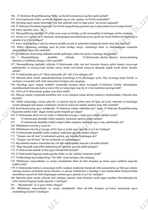 navbati kimning tashabbusi bilan amalga oshirilgan edi? 70. sharof rashidov tavalludining 100 yilligini nishonlash haqida o‘zbekiston respublikasi prezidentining qarori qachon qabul qilindi? 71. xx asrning 50-yillarida ochilgan jarqo‘rg‘on, qorovulbozor, sariqtoshlardan nima qazib olingan? 72. navoiy shahriga qachon asos solingan? 73. “paxta ishi”da faol qatnashgan alohida muhim ishlar bo’yicha maxsus tergovchilar guruhi qaysi lavozim huzurida tuzilgan edi? 74. t.x.gdlyan va n.v.ivanov rahbarligidagi maxsus tergovchilar guruhi qachon tuzilgan edi? 75. ma’lumki, sovet hukumatining keyingi harakatlari asosida “paxta ishi” qatag’oni “o’zbeklar ishi”ga aylantiriladi. bu qatag’onning yo’nalishi eng avvalo, qaysi o’zbek qahramoniga qaratilgan edi? 76. o’tgan asrning 80-yillarida xalq xo’jaligi sohalarida qo’shib yozish, poraxo’rlik va korrupsiyaga aloqador jinoyatlar sssrning deyarli barcha hududlarida yuz bergan bo’lsa ham “tajriba maydoni” sifatida qaysi respublika tanlangan edi? 77. 1989-yil 7-8-iyunda respublikaning qaysi shahrida mahalliy aholining tinch namoyishi bo’lib o’tadi va unda harbiylarning o’qqa tutishi natijasida 50 dan ziyod namoyishchilar halok bo’lishadi? 78. qayta qurish siyosatining barbod bo’lishi arafasida …