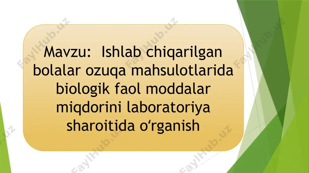 olib borilib, ozuqaning biologik faol moddalar miqdori normativlarga muvofiqligi tekshiriladi. • ozuqa mahsulotlarini yaxshilash: mahsulotlardagi bfm miqdori bo‘yicha tahlillar o‘tkazish, uning tarkibini yaxshilash, yangi qo‘shilmalarning kiritilishi va ozuqa sifatini oshirishga yordam beradi. 3.1. himoyaviy va analitik metodlar • spektrofotometriya: kimyoviy moddalarning tarkibini aniqlash uchun keng qo‘llaniladigan usul bo‘lib, u moddaning yoritilgan to‘lqin uzunligi orqali o‘lchovlar olib boradi. • hplc (yuqarigi samarali suyuqlik xromatografiyasi): bu metod yordamida ozuqa tarkibidagi turli xil biologik faol moddalarni, masalan, vitaminlar, aminokislotalar va antioksidantlarni aniqlash mumkin. • qattiq fazali mikrotitratsiya (elisa): spesifik biologik faol moddalarni aniqlash va miqdoriy tahlil qilish uchun ishlatiladi. • gaz-xromatografiya (gc): ozuqadagi yog‘larni, uglevodlarni va boshqa organik birikmalarni tahlil qilish uchun ishlatiladi. xulosa bolalar ozuqa mahsulotlarida biologik faol moddalar miqdorini laboratoriya sharoitida o‘rganish, mahsulotlarning sog‘liq uchun foydaliligini ta'minlash va bolalar salomatligini qo‘llab-quvvatlashda muhim rol o‘ynaydi. laboratoriya usullari yordamida ozuqa tarkibini tahlil qilish, xavfsiz va sifatli mahsulotlar ishlab chiqarishga yordam beradi. shuningdek, biologik …