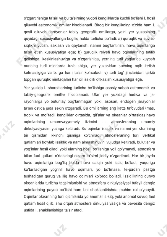 nalishini https://uz.wikipedia.org/wiki/harorat https://uz.wikipedia.org/wiki/namlik https://uz.wikipedia.org/wiki/atmosfera_bosimi https://uz.wikipedia.org/wiki/shamol https://uz.wikipedia.org/w/index.php?title=yog%ca%bbin&action=edit&redlink=1 https://uz.wikipedia.org/wiki/meteorologiya https://uz.wikipedia.org/wiki/ob-havo https://uz.wikipedia.org/wiki/ob-havo oʻzgartirishiga taʼsiri va bu taʼsirning yuqori kengliklarda kuchli boʻlishi i. hosil qiluvchi astronomik omillar hisoblanadi. biroq bir kenglikning oʻzida ham i. qosil qiluvchi jarayonlar tabiiy geografik omillarga, yaʼni yer yuzasining quyidagi xususiyatlariga bogʻliq holda turlicha boʻladi: a) quruqlik va suv is- siqlikni yutish, saklash va qaytarish, namni bugʻlantirish, havo oqimlariga taʼsir etish xususiyatiga ega; b) quruqlik relyefi havo oqimlarining tutilib qolishiga, keskinlashuviga va oʻzgarishiga, yerning turli yoqlariga kuyosh nurining turli miqdorda tushi-shiga, yer yuzasidan suvning oqib ketish ketmasligiga va b. ga ham taʼsir koʻrsatadi; v) turli togʻ jinslaridan tarkib topgan quruqlik mintaqalari har xil issiqlik oʻtkazish xususiyatiga ega. yer yuzida i. sharoitlarining turlicha boʻlishiga asosiy sabab astronomik va tabiiy-geografik omillar hisoblanadi. ular yer yuzidagi hodisa va ja- rayonlarga yo butunlay bogʻlanmagan yoki, asosan, endogen jarayonlar taʼsiri ostida juda sekin oʻzgaradi. bu omillarning eng katta tafovutlari (mas, tropik va moʻʼtadil kengliklar oʻrtasida, …