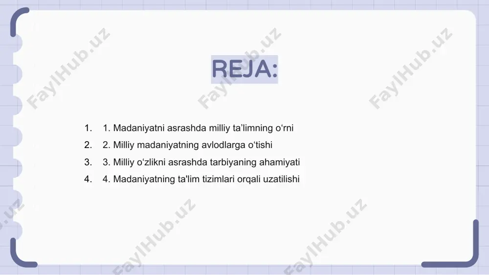 a’lim tizimlari orqali madaniy meros asrab-avaylanadi va avlodlarga yetkaziladi, bu esa kelajak avlodlarning o‘z ildizlarini tushunishi va qadrlashini ta’minlaydi. bu jarayon jamiyatda o'ziga xoslik va tegishlilikni saqlashga yordam beradi. madaniy elementlarni o'quv dasturiga integratsiyalashgan holda, ta'lim muassasalari turli millatga mansub shaxslar o'rtasida xilma-xillik va tushunishni samarali targ'ib qilishi mumkin. bu jamiyatda birdamlik va hamjihatlikni mustahkamlaydi. 5. kelajak avlodlarni madaniy merosni asrab-avaylash uchun tarbiyalash milliy ta'lim xalqning madaniy amaliyoti va qadriyatlarini avloddan-avlodga o'tkazishda hal qiluvchi rol o'ynaydi. kelajak avlodlarga madaniy merosni asrab-avaylashning ahamiyatini o‘rgatish orqali biz bu an’ana va urf-odatlarni avlodlar uchun asrab-avaylashini ta’minlaymiz. ta’lim orqali biz yoshlarda o‘z millatining madaniy merosini himoya qilish va asrab-avaylash uchun g‘urur va mas’uliyat tuyg‘ularini singdiramiz. 6. ta’lim va milliy an’anani bog’lash milliy madaniyatimizni asrab-avaylash va avloddan-avlodga yetkazishda milliy tarbiya muhim o‘rin tutadi. u millat sifatida o‘zligimizni belgilovchi qadriyatlar, an’ana va urf-odatlarni singdirish vositasi bo‘lib xizmat qiladi. ta'limni milliy an'analar bilan bog'lash merosimizni yo'qotmaslikni, balki …