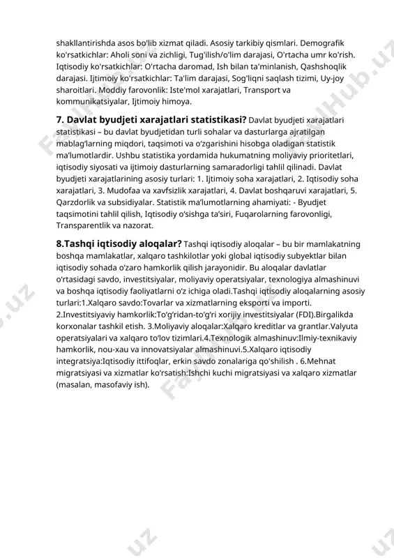 m1 (tor pul massasi): m0 + banklardagi talab qilinishi mumkin bo'lgan depozitlar - m2 (keng pul massasi): m1 + muddatli depozitlar - m3: m2 + yirik depozitlar va boshqa moliyaviy aktivlar. o‘zbekiston respublikasi bo‘yicha asosiy tendensiyalar: raqamli to‘lovlar o‘smoqda: bank kartalari, qr-kodlar, mobil ilovalar orqali to‘lovlar hajmi yildan-yilga ortmoqda. naqd pul ulushi kamaymoqda: bu iqtisodiyotda "soyali sektor" qisqarayotganidan va bank tizimiga ishonch oshayotganidan dalolat beradi. pul massasining o‘sishi: pul aylanmasining ortishi iste’mol va investitsion faollik oshganidan darak beradi. 5.moliya kredit tizimi statistikasi? "moliya-kredit tizimi statistikasi" deganda, bir mamlakatdagi yoki mintaqadagi moliyaviy va kredit tashkilotlarining faoliyatini aks ettiruvchi statistik ma'lumotlar tushuniladi. bu statistika odatda quyidagi yo‘nalishlarni o‘z ichiga oladi: 1. bank tizimi statistikasi: tijorat banklarining soni va turlari, ularning aktivlari, majburiyatlari va kapitali, kreditlar hajmi, depozitlar hajmi. 2. markaziy bank statistikasi: pul massasi, rejalashtirilgan va real inflyatsiya darajasi, valyuta zaxiralari, valyuta kursi dinamikasi 3. kredit tashkilotlari statistikasi: mikromoliyaviy tashkilotlar, lombardlar, kredit …