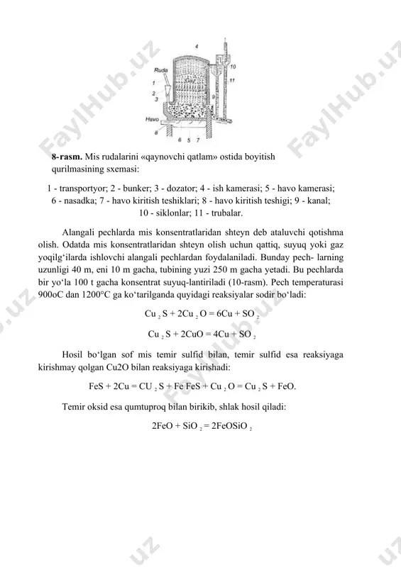 a; 8 - mo‘r. shuni qayd etish kerakki, shteyn deb ataluvchi qotishma tarkibida o‘rtacha 20-60% cu, 10-60% fe, 20-25% s va qisman pb, ag, au, zn, ni va boshqa elementlar bo‘ladi. konvertorda suyuq shteyndan xomaki misni olish. konvertor diametri 3-4 m, uzunligi 6-10 m bo‘lib, devorlari magnezit g‘ishtdan terilib, sirtiga po‘lat list qoplanadi va bandajlar bilan to‘rt juft rolik (1) ga o‘rnatilgan bo‘ladi (11-rasm). konvertorni ishga tushirishdan oldin uni mexanizm (2) yordamida shunday holatga keltiriladiki, og‘zidan avval kvars bo‘laklari, keyin ~1200°c li shteyn quyilganda u havo haydaladigan furma teshiklaridan tashqariga oqib ketmay- digan bo‘lsin. furmadagi teshiklar soni 40-50 ta, diametri 50 mm gacha bo‘ladi, ular orqali konvertorga 1-1,4 mpa bosim ostida havo haydalib, konvertor ish holatiga keltiriladi. konvertordan o‘tadigan jarayonni ikki bosqichga ajratish mumkin: birinchi bosqich. bu bosqichda konvertorga haydalayotgan havo kislorodi temir sulfidlarini oksidlaydi va hosil bo‘lgan temir (il) oksid kvars (qumtuproq) bilan birikib shlak hosil qiladi: 2fes+3o2 = …