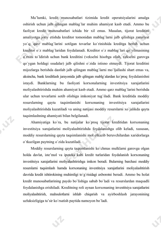 adi, xususan, moddiy resurslarning qayta taqsimlanishi mol etkazib beruvchilardan xaridorlarga o`tkazilgan paytning o`zida kuzatiladi. moddiy resurslarning qayta taqsimlanishi ko`chmas mulklarni garovga olgan holda davlat, iste’mol va ipoteka kabi kredit turlaridan foydalanish korxonaning investitsiya xarajatlarini moliyalashtirishga imkon beradi. bularning barchasi moddiy resurslarni taqsimlash hamda korxonaning investitsiya xarajatlarini moliyalashtirish davrida kredit ishtirokining muhimligi to`g`risidagi axborotni beradi. ammo bu holat kredit munosabatlarining paydo bo`lishiga sabab bo`ladi va resurslardan maqsadli foydalanishga erishiladi. kreditning roli aynan korxonaning investitsiya xarajatlarini moliyalashtirish, mahsulotlarni ishlab chiqarish va ayirboshlash jarayonining uzluksizligiga ta’sir ko`rsatish paytida namoyon bo`ladi. korxonada joriy pul mablag`larining kirimi va sarflarning tizimli nomutanosibligi, tovar-moddiy qiymatliklarni xarid qilishda vaqtinchalik pul mablag`larining etarli darajada bo`lmaslik holatlari korxonaning investitsiya xarajatlarini moliyalashtirish, mahsulotlarni ishlab chiqarish va ayirboshlash jarayonlari uzluksizligining buzilishiga olib keladi. pul mablag`lariga bo`lgan vaqtinchalik talabni ta’minlash qarz oluvchilardagi mablag`larning kirimi va chiqimi doimiy uzluksizlik bilan ta’minlangan bo`lishni taqozo etadi. mablag`larning uzluksizligi va aylanish tezlanuvchanligi takror ishlab chiqarish jarayonlarini mustahkamlashga …