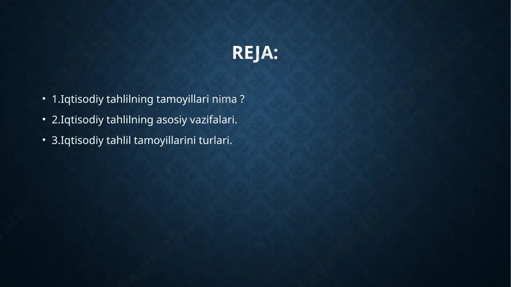 hodisalarni, xo’jalik jarayonlari natijalarini baholashda davlatning iqtisodiy, ijtimoiy, ekologik va xalqaro siyosatlarini va qonunchiliklarini inobatga olish lozimligini tasniflaydi ilmiylik dialektik bilish nazariyasiga asoslanishi, ishlab chiqarishni rivojlantirishning iqtisodiy qonunlari talablarini hisobga olishi, fan-texnika taraqqiyoti yutuqlarini, ilg‗or tajribalarni va iqtisodiy tadqiqotning eng yangi usullarini hisobga olishi lozim tizimlilik o’rganilayotgan obyekt murakkab dinamik tizim va u bir qator mayda unsurlardan va ularning o’zaro bog’lanishidan tashkil topgan deb qaralishi lozim komplekslik tahlil qilinayotgan obyektning barcha birliklari, boginlari va tomonlarini hisobga olish hamda ularning ozaro bogliqliklarini atroflicha organishni taqozo qiladi obyektivlik, aniqlik va ishonchlilik haqiqatni aks ettiradigan ishonchli va tasdiqlangan tahlil ishonchli, tekshirilgan va real voqelikni aks ettiruvchi ma‘lumotlarga asoslanishi zarur. faqat shundagina tahlil natijalari talabga javob beradi. shu sababli ham korxonada doimo hisob, nazorat (audit) takomillashtirib borilishi talab etiladi tasirchanlik tahlil ishlab chiqarish jarayonlarining borishiga uning natijalariga bevosita aralashishi, rezervlarni, yo’l qo’yilgan xato va kamchiliklarni qidirib topishga bevosita ta‘sir ko’rsatishi lozimligini ifoda etadi rejaviylik …