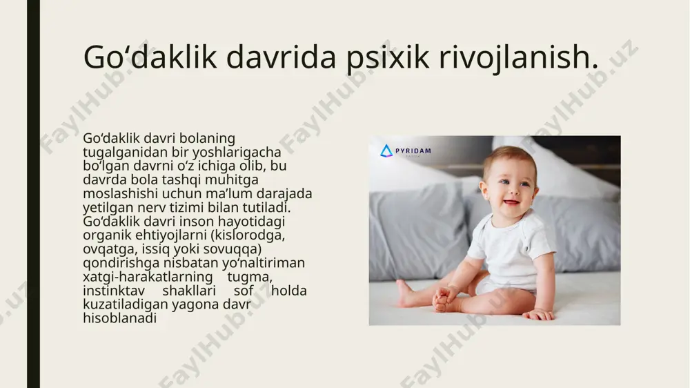 u faoliyat natijasidan emas, balki faoliyatning bir xilligi va bir tomonlamaligidan charchab koladi.mana shu suzlardan bogcha yoshidagi bola tabiatning asosiy qonuni bulmish serxarakatligini ortik cheklab tashlamay,balki maksadga muvofik ravishda uyushtirish kerakligi yakkol kurinib turibdi. kattalar va tengdoshlari bilan bulgan munosabat orkali bola axlok normalari, kishilarni anglash, shuningdek, ijobiy va salbiy munosabatlar bilan tanisha boshlaydi. bogcha yoshidagi bola endi uz gavdasini juda yaxshi boshkara boshlaydi. uning xarakati muvofiklashtirilgan xolda buladi. bu davrda bolani nutqi. jadal rvojlana boshlaydi. ilk bolalik davrida shaxsning rivojlanishi. bu davrdagi bolalar asosan o‘z hatti-harakatlarini o‘ylab o‘tirmaydilar chunki hatti-harakatlar ularning hissiyotlari asosida bo‘ladi. bu yoshdagi bolalarning hatti- harakatlari juda o‘zgaruvchan bo‘ladi. masalan, bolaning yig‘lashi hamda yig‘idan to‘xtashi juda tez o‘zgaradi. ilk davrda bolada o‘z yaqinlariga: onasi, otasi, bo‘vi-buvalari, tarbiyachisiga nisbatan muhabbat shakllanadi. ilk bolalik davrida bu muhabbat boshqa shaklga o‘tadi. endi bola o‘z yaqinlaridan maqtov olishga harakat qiladi. ota-onalar tomonidan bolaning xatti-harakatlari va shaxsiy xususiyatlariga beradigan ijobiy emotsional …