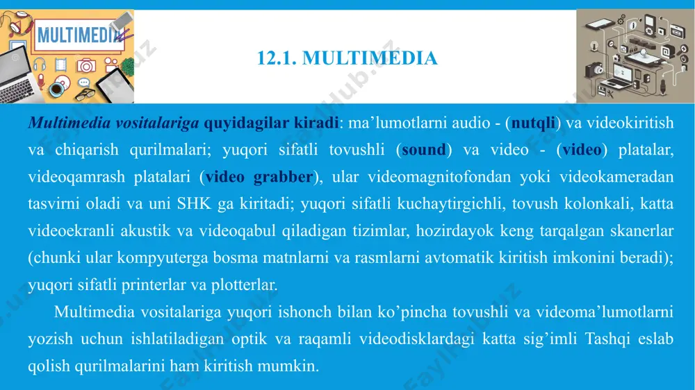ning bajarilishini tezlashtiruvchi grafik akseleraciya mikrosxemasi bo’lishi kerak (umuman olganda mikrosxema-akselerator alohida platada ham joylashishi mumkin; shk da mmx tipidagi mikroprocessorlarni ishlatganda bu mikroprocessorlar video amallarni tezlashtirishni o’ziga oladi, lekin akselerator videoplatada ham xalaqit bermaydi). videoplatani (videonazoratchini) videoaxborot bilan ishlash uchun tanlashda birinchi navbatda quyidagilar talab qilinadi: o’tkazish qobiliyati, ranglar soni va akseleraciyaning zarurligini hisobga olish. videoqamrash platasi videoqamrash platasi (video grabber, videograbber) video kadrlarni ushlash, ularni o’zgartirish (shu jumladan raqamlashni ham) va kompyuter xotirasiga yozishni bajaradi. videoqamrash platalari ikki xil bo’ladi: birinchi tip - «kadr grabberlari» (frame grabber) qo’zg’almas tasvirlarni ushlash uchun mo’ljallangan. ikkinchi tip platalar - «ushlash platasi» (capture board) bir butun videofilmlarni qamrab olishi mumkin. ular kompyuterda videokameradan yoki videomagnitofondan, toner bor bo’lganda esa antennadan ham alohida televizion kadrlarni olish va ularning bog’langan ketma-ketliklarini kelgusida qayta ishlash va printerga yoki video qayta chiqarishga imkon beradi. videosignalni raqamlashda axborotning katta to’plamlari (massivlari) shakllanadi. shuning uchun jarayon dinamikasi bilan …