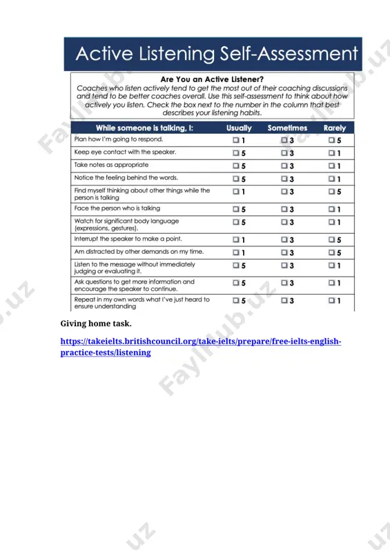 tudents' progress. these techniques range from observation and questioning to standardized testing. however, even the most informal methods should embrace the measurement principles of reliability, validity, and fairness. the methods used should be appropriate to the purpose of the assessment and make use of the best instruments and procedures available. activity 3. activity 4. giving home task. https://takeielts.britishcouncil.org/take-ielts/prepare/free-ielts-english-practice-tests/listening image1.jpeg image2.jpeg /docprops/thumbnail.jpeg