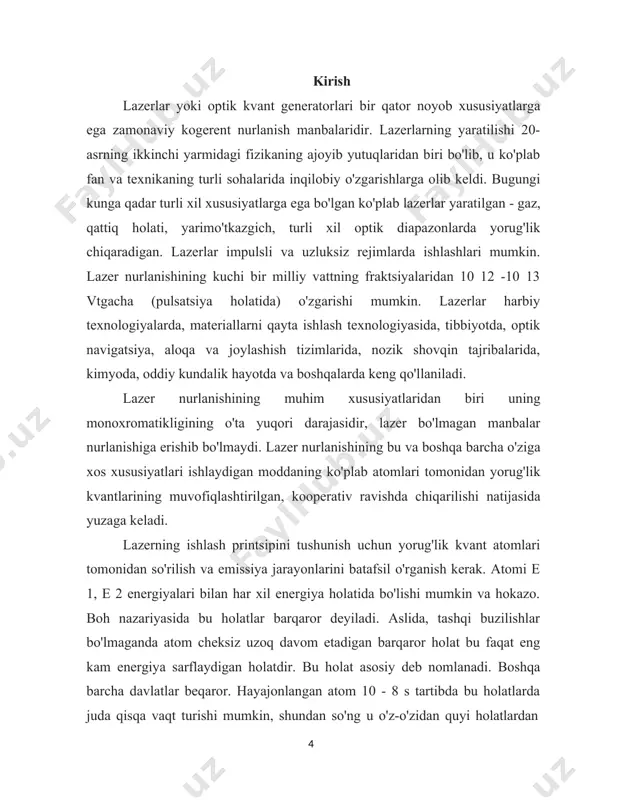hlab chiqilgan va sinovdan o'tgan. bu ko'k- yashil spektral mintaqaga ega va to'lqin uzunligi 488 nm bo'lgan cw lazer edi. bu gaz lazeridir va uning quvvatini boshqarish osonroq edi. gemoglobin uning nurlanishini yaxshi singdirdi. qisqa vaqt o'tgach, argon lazeriga asoslangan lazer tizimlari paydo bo'la boshladi, bu esa retinal kasalliklarni davolashda yordam berdi. xuddi shu yili bell laboratoriyasida neodimiy-doplangan alyuminiy granat lazer ishlab chiqarildi () va. co2 - bu gaz lazeridir, unda nurlanish tabiatda doimiy bo'lib, to'lqin uzunligi 1060 nm ga teng. suv uning nurlanishini juda yaxshi singdiradi. va insonning yumshoq to'qimalari asosan suvdan iborat bo'lganligi sababli, co2 lazer an'anaviy skalpelga yaxshi alternativa bo'ldi. to'qimalarni kesish uchun ushbu lazerdan foydalanganda qon yo'qotilishi minimallashtiriladi. 70-yillarda aqshdagi institutlar shifoxonalarida karbonat angidrid lazerlari keng qo'llanila boshlandi. o'sha paytdagi lazerli skalpellar uchun qamrov: ginekologiya va otolaringologiya. 1969 yil birinchi impulsli bo'yoq lazerining rivojlanish yili bo'lgan va 1975 yilda birinchi eksimer lazer paydo bo'ldi. shu vaqtdan …