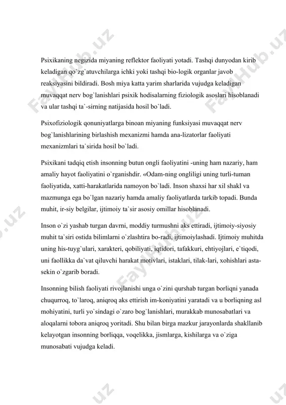 ks et-tirishda namoyon bo`ladi. insonning moddiy turmushi, u hayot kechira-yotgan tuzumning moddiy asosiga emas, balki uni qurshab olgan odam-larning turmush tarzlari, umuminsoniy qiyofalari, dunyoqarashi, maslagi, ijtimoiy voqelikka munosabatlari, intilishlari, ijod mahsullari va xatti-harakatlarining majmuasidir. insonning borliqni aks ettirishi faol jarayondir. insonning rivojlanishi obyektiv borliqqa va o`ziga faol ta`sir ko`rsatishida sodir bo`ladi. o`yinni kuzatishi, mehnati, o`qishi, adabiy asarni mutolaa qilishi, qiziqishining barqarorlashuvi va boshqalar shaxs-ning psixik rivojlanishini ifodalaydi. psixologiyaningan`anaviy, empirik metodlari to hozirgi kun-gacha muvaffaqiyatli qo`llanilmoqda. kuzatish metodi. psixologiya fanida bu metodning obyektiv (tashqi) va subyektiv (o`zini o`zi) kuzatish turlari mavjud. inson psixikasidagi o`zgarishlarni kuzatish uchun quyidagilar amalga oshi- riladi: kuzatishning maqsadi, vazifasi belgilanadi; kuzatiladigan obyekt tanlanadi; sinaluvchining yoshi, jinsi, kasbi aniklanadi; tadqiqot o`tkazish vaqti rejalashtiriladi; kuzatish qancha davom etishi qat`iylashtiriladi; kuzatish insonning qaysi faoliyatida (o`yin, o`qish, mehnat va sportda) amalga oshirilishi tavsiya qilinadi; kuzatishning shakli (yakka, guruh, jamoa bilan o`tkazilishi) ta- yinlanadi; 8) kuzatilganlarni qayd qilib berish vositalari (kundalik, suhbat …
